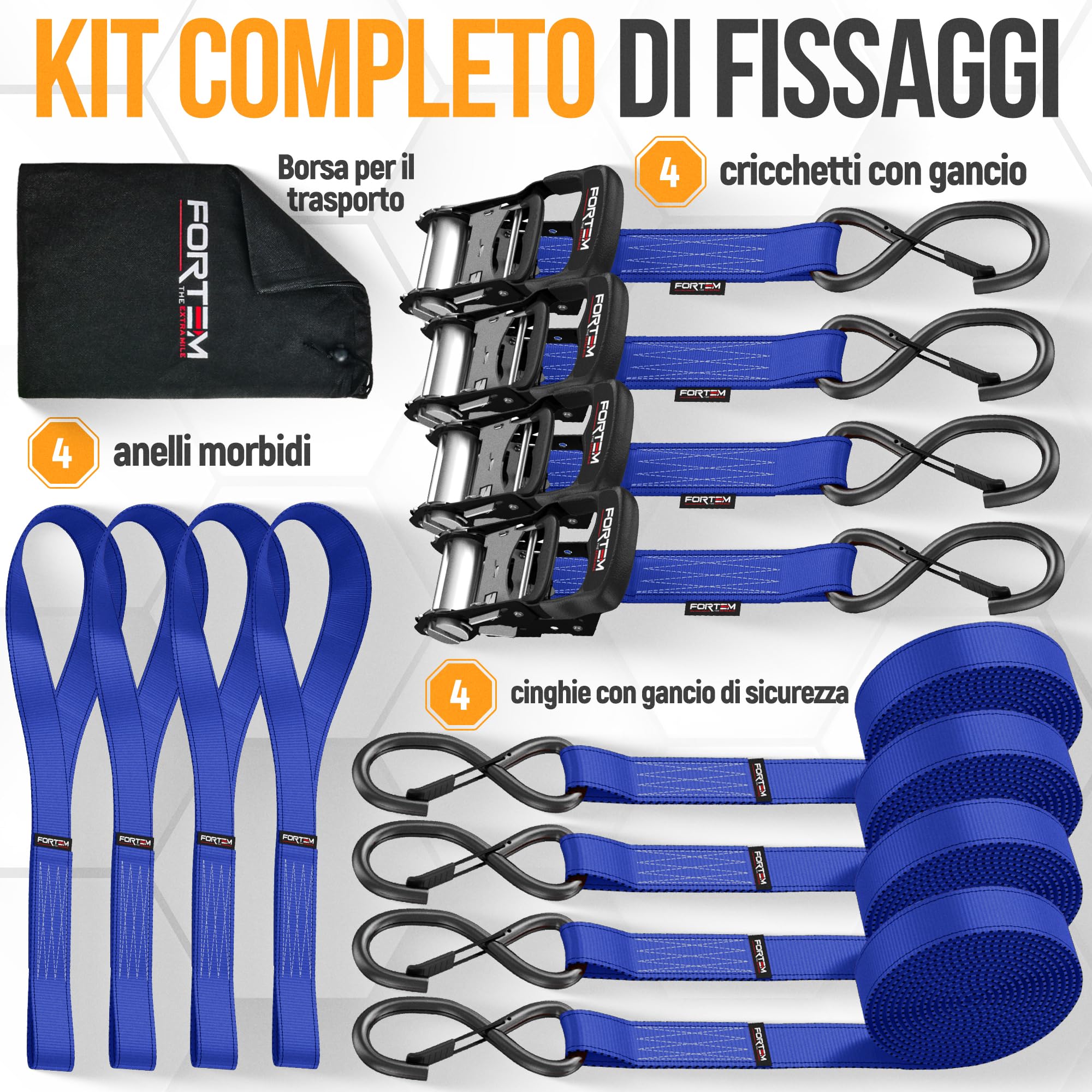 FORTEM Cinghie a Cricchetto, Resistenza fino a 2362 Kg, Set da 4 Cinghie di Fissaggio da 3,05 m, 4 Maniglie Morbide, Cinghie Fissaggio per Moto, Ganci in Metallo Rivestiti, Custodia Inclusa (Blu)