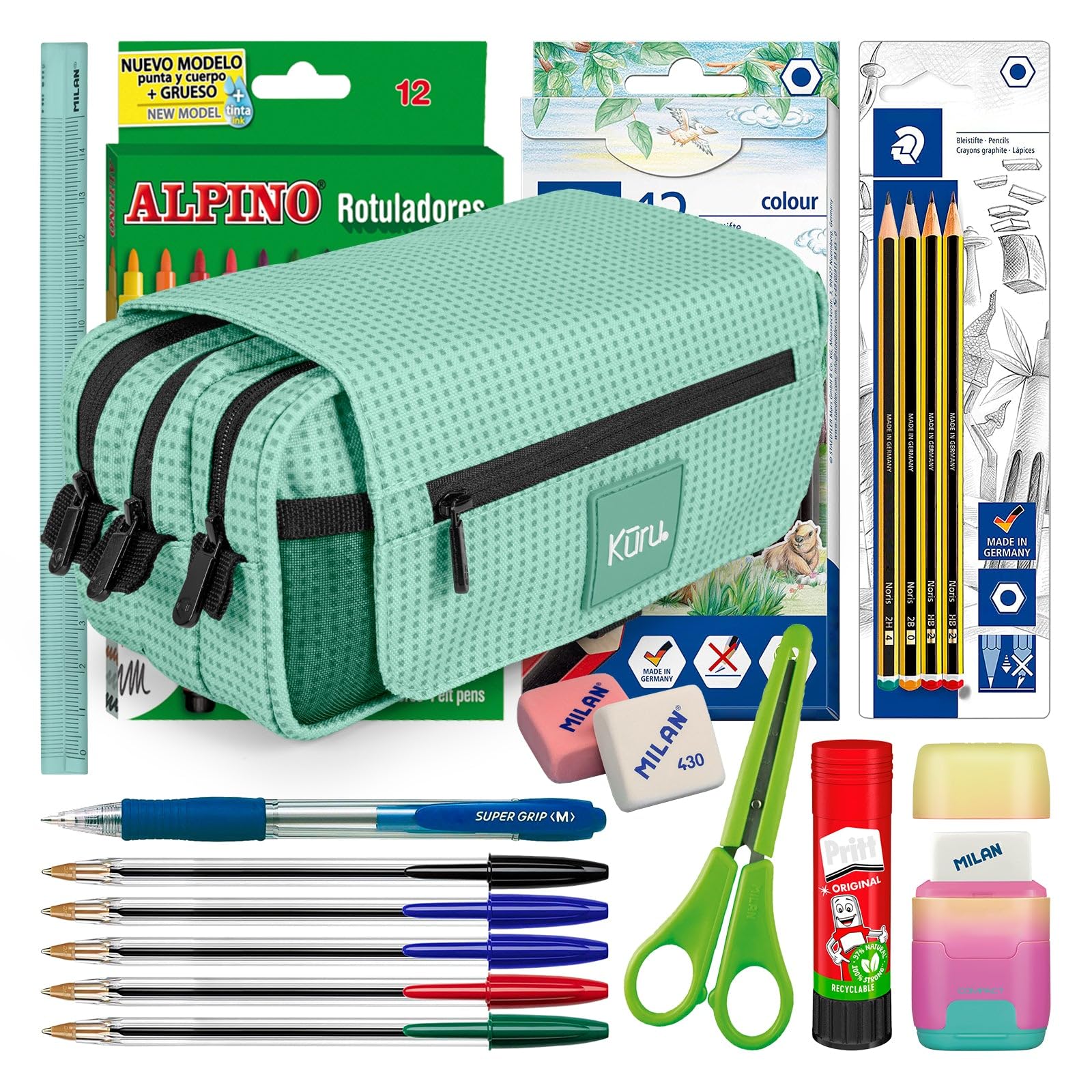 ColePack Kuru - Set di Astuccio Scolastico Triplo con 3 Cerniere e Materiale Scolastico delle Migliori Marche Incluso (Menta)