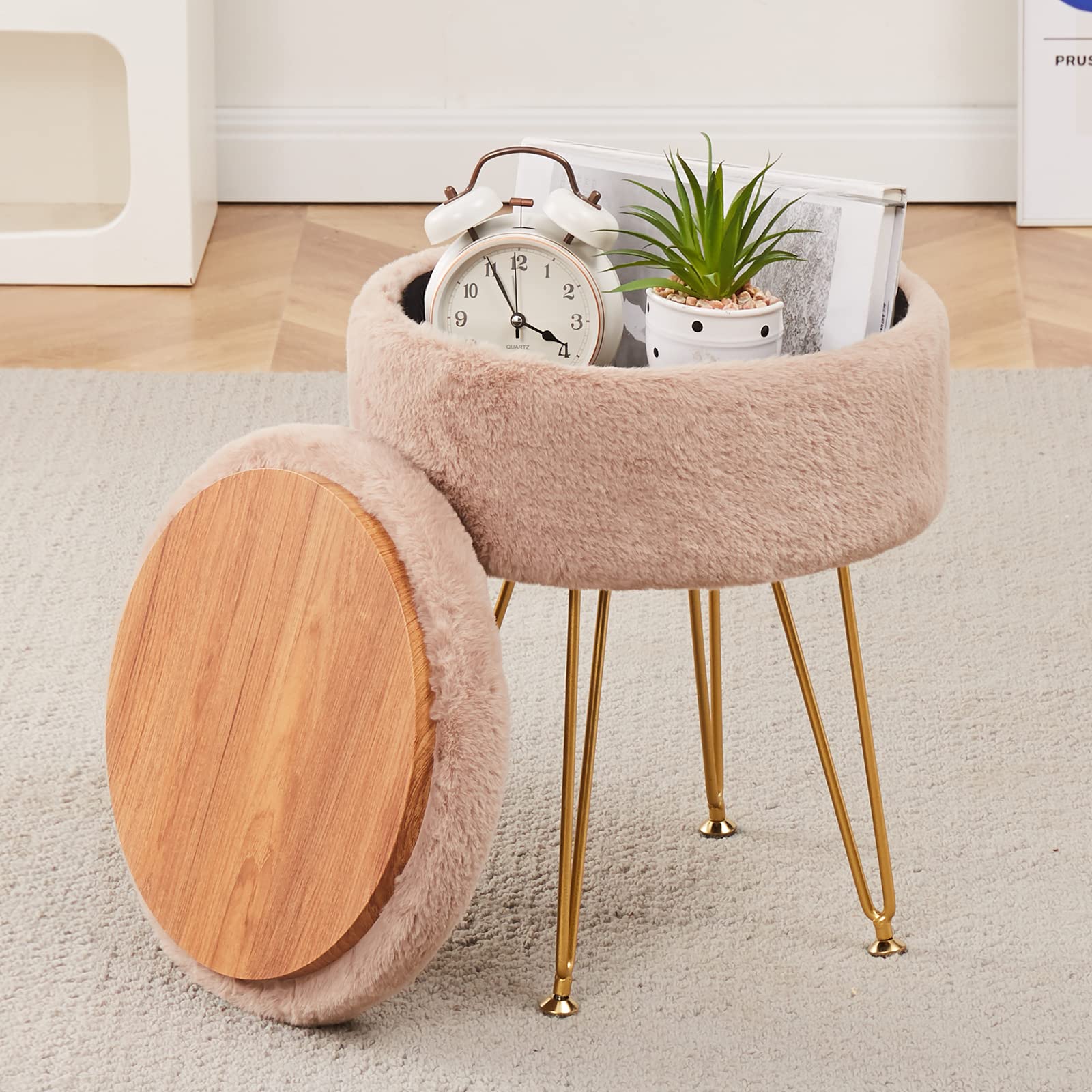 Cplxroc Footrest Footstools Round Faux Fur Ottoman with Storage Space Soft Vanity Chair Seat Coffee Table Ottoman Small Side Table Metal Legs with