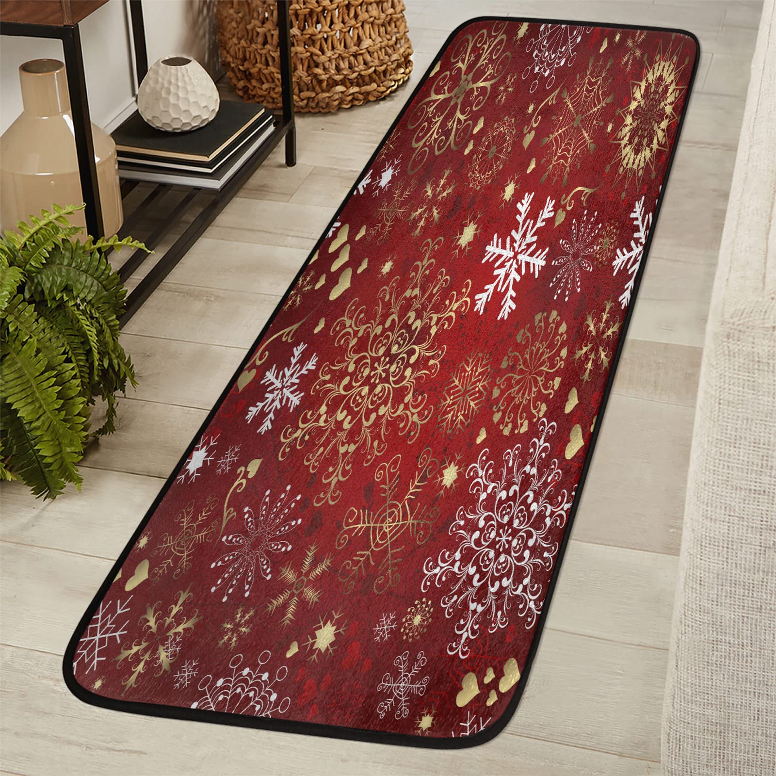 Christmas Snowflake 2x6 Washable Runners Rug For Hallways 6 Feet With Tassel,Red Golden Winter Xmas Holiday Modern Woven Kitchen Bedroom Living/Laundry/Dining Room Bathroom Carpet Accent Throw Doormat