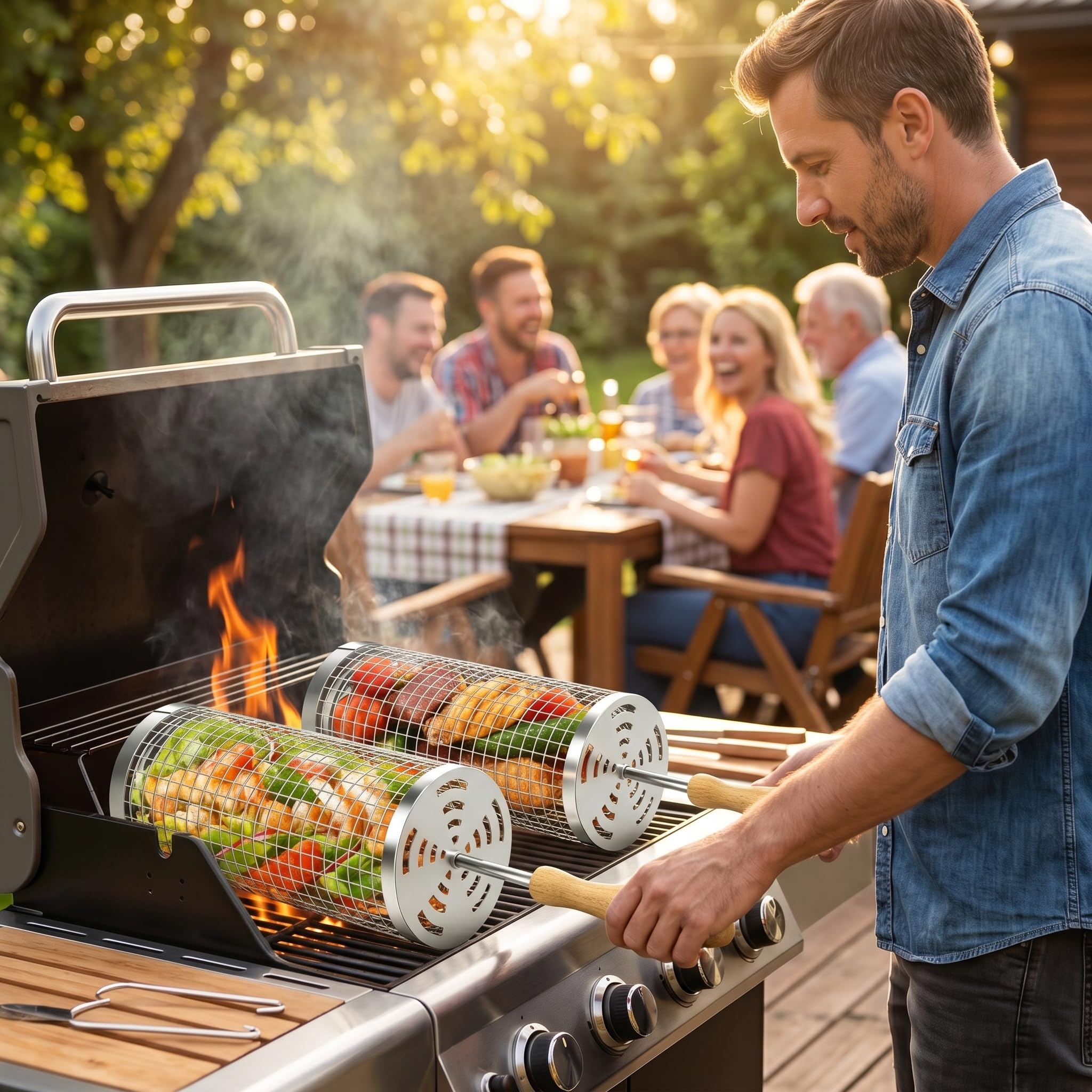 Cestelli per Barbecue in Acciaio Inossidabile Accessori Barbecue (2PCS), Manico in Legno Rimovibile, per Verdure Carne Cibo di Mare, Regali di Compleanno per Uomini, Papà, Marito