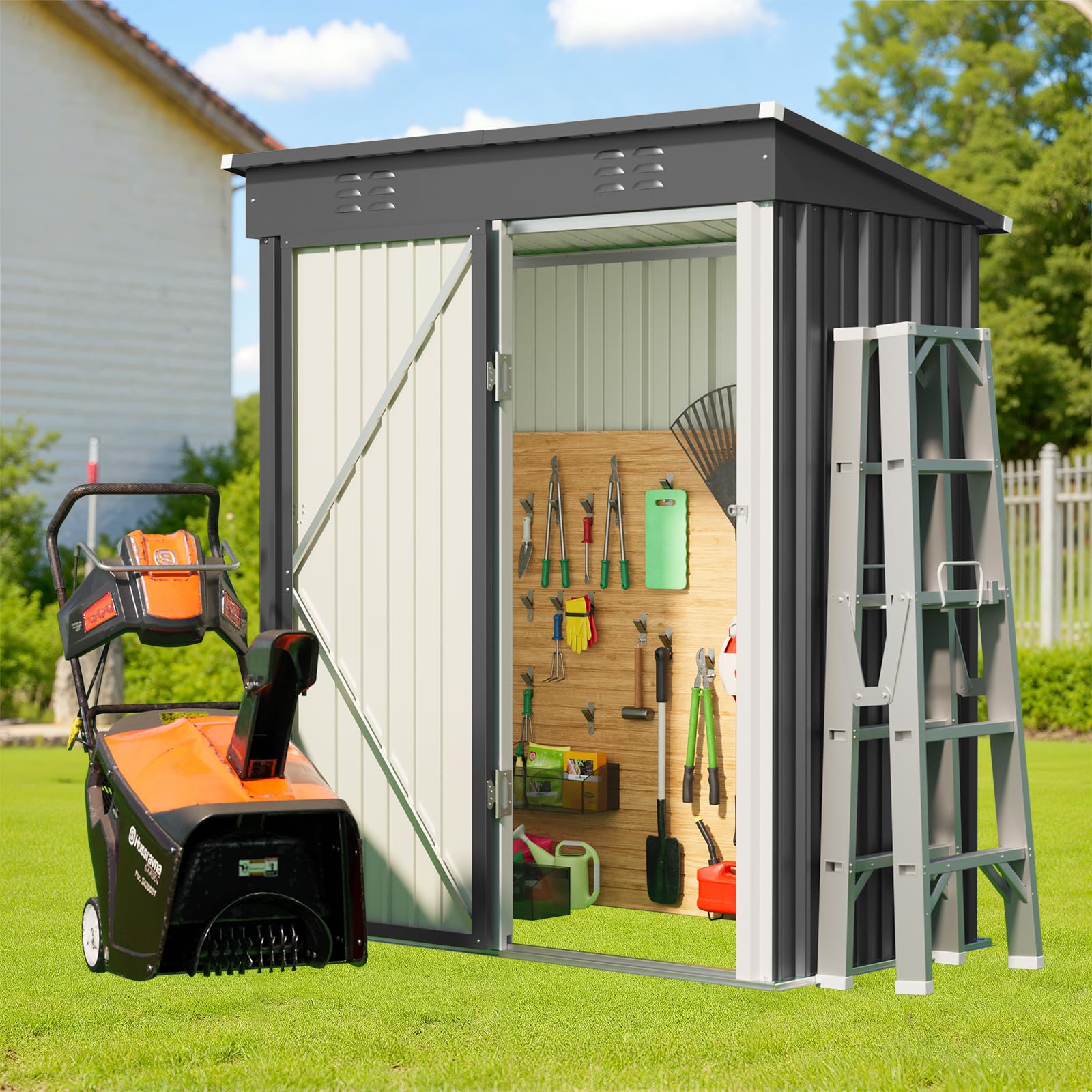 Gerätehaus Metall 161×94×182 cm, Gartenschuppen mit Schrägdach, Wetterfest & Rostfrei, Gartenhaus mit Belüftung & Regalböden, für Garten, Terrasse & Rasen (Grau)