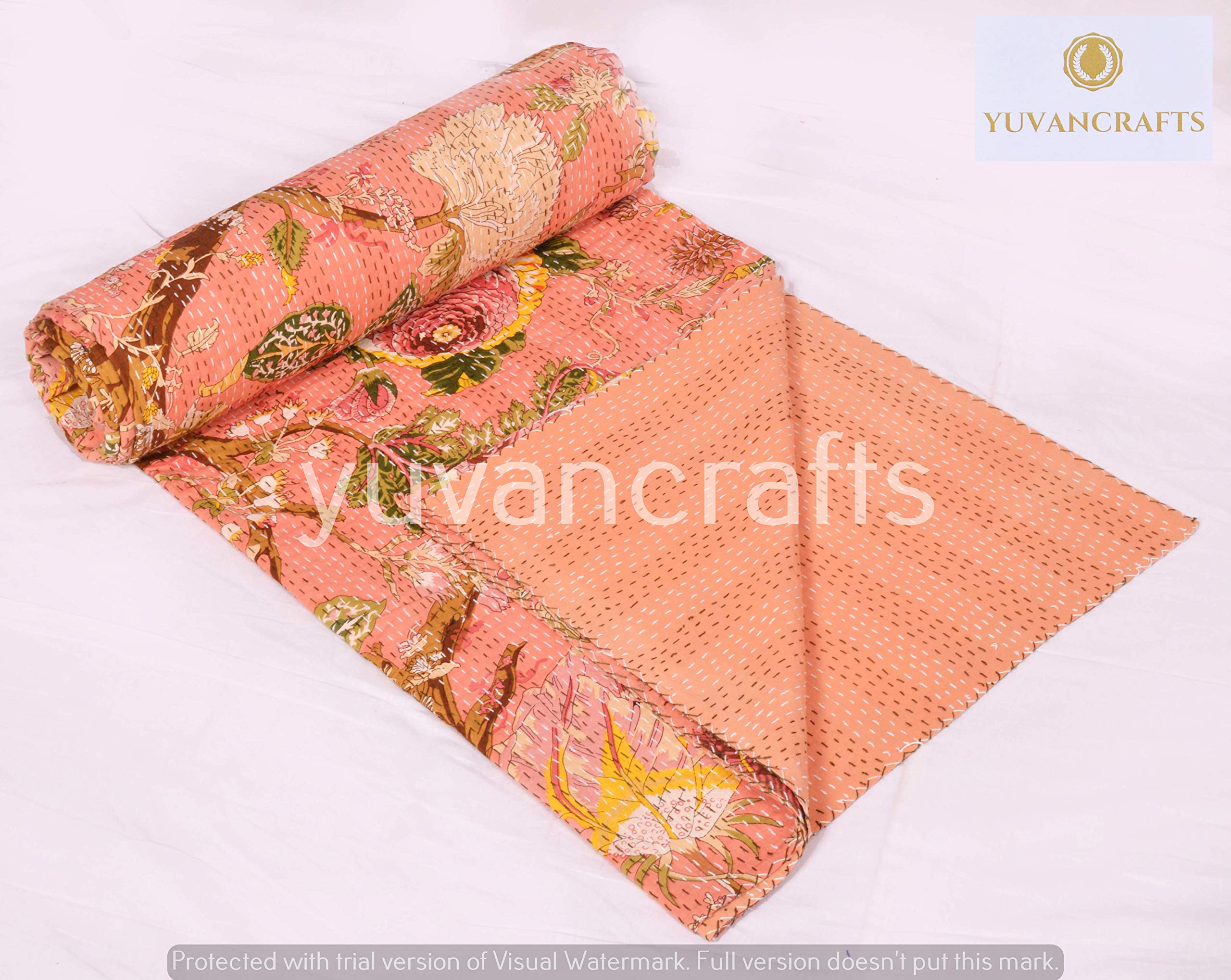 YUVANCRAFTS Indian Handmade Floral Print Kantha Quilt Queen Size Pure Cotton Kantha Throw Vintage Kantha Bedspread Blanket (Orange)