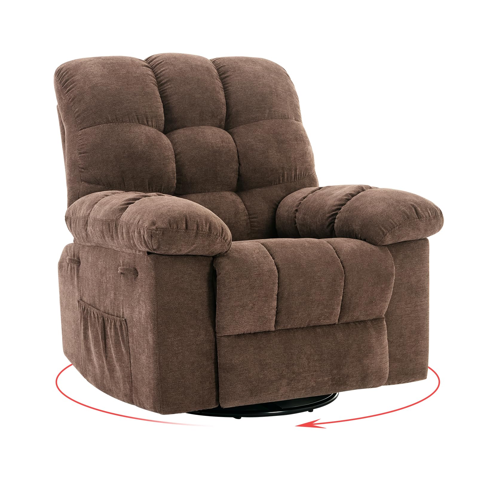 Rocking Recliner Chair, 360° Swivel Glider Rocker Chair for Living Room &amp; Nursery, Upholstered Fabric Single Sofa with Side Pockets, Heavy-Duty Steel Frame Lazy Recliner for Small Spaces, Brown