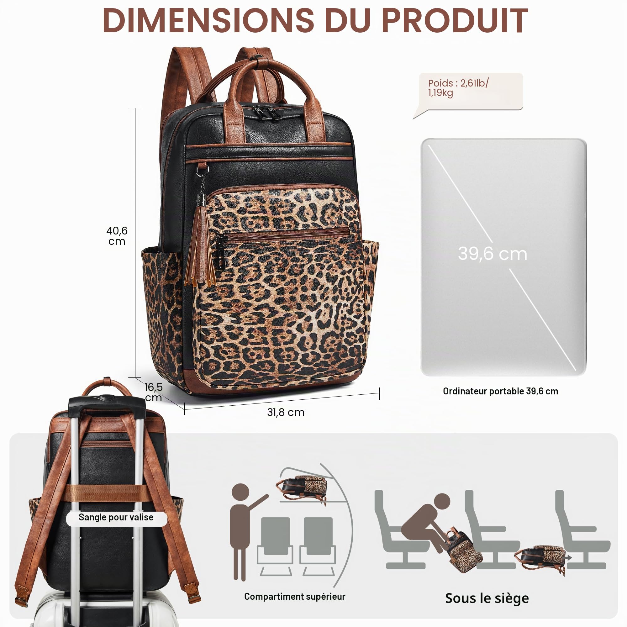 Shrrie Sac à dos ordinateur portable femme 15,6 pouces en cuir