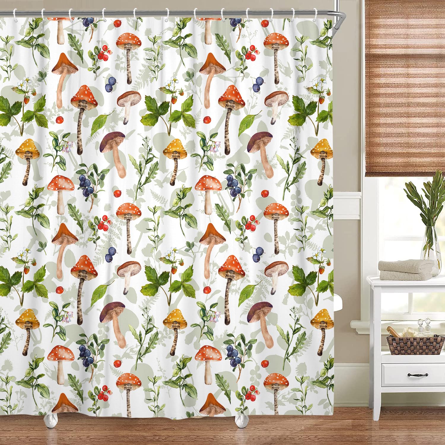 Boho Mushroom Shower Curtain, Aesthetic Botanical Floral Plant Leaf White Sage Green Shower Curtain Set, Retro Wildflower Boho Farmhouse Neutral Bathroom Curtain Accessories with 12PCS Hooks 70X70IN