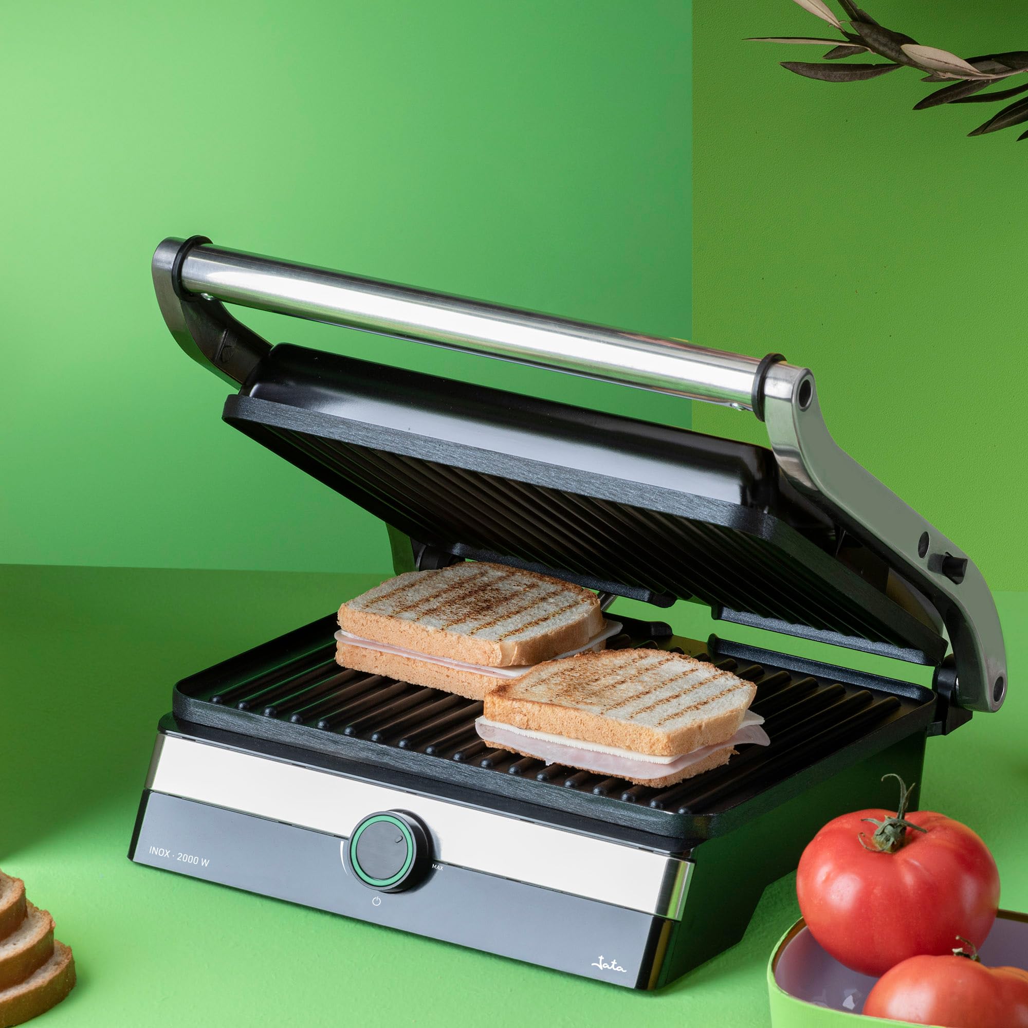 JATA JEGR1596 - Parrilla Electrica y Grill con placas rayadas antiadherentes de 29 x 23,6 cm. 2000 W. Cocina todo tipo de alimentos. Apertura 180º. Tapa superior basculante. Bandeja recogesalsas