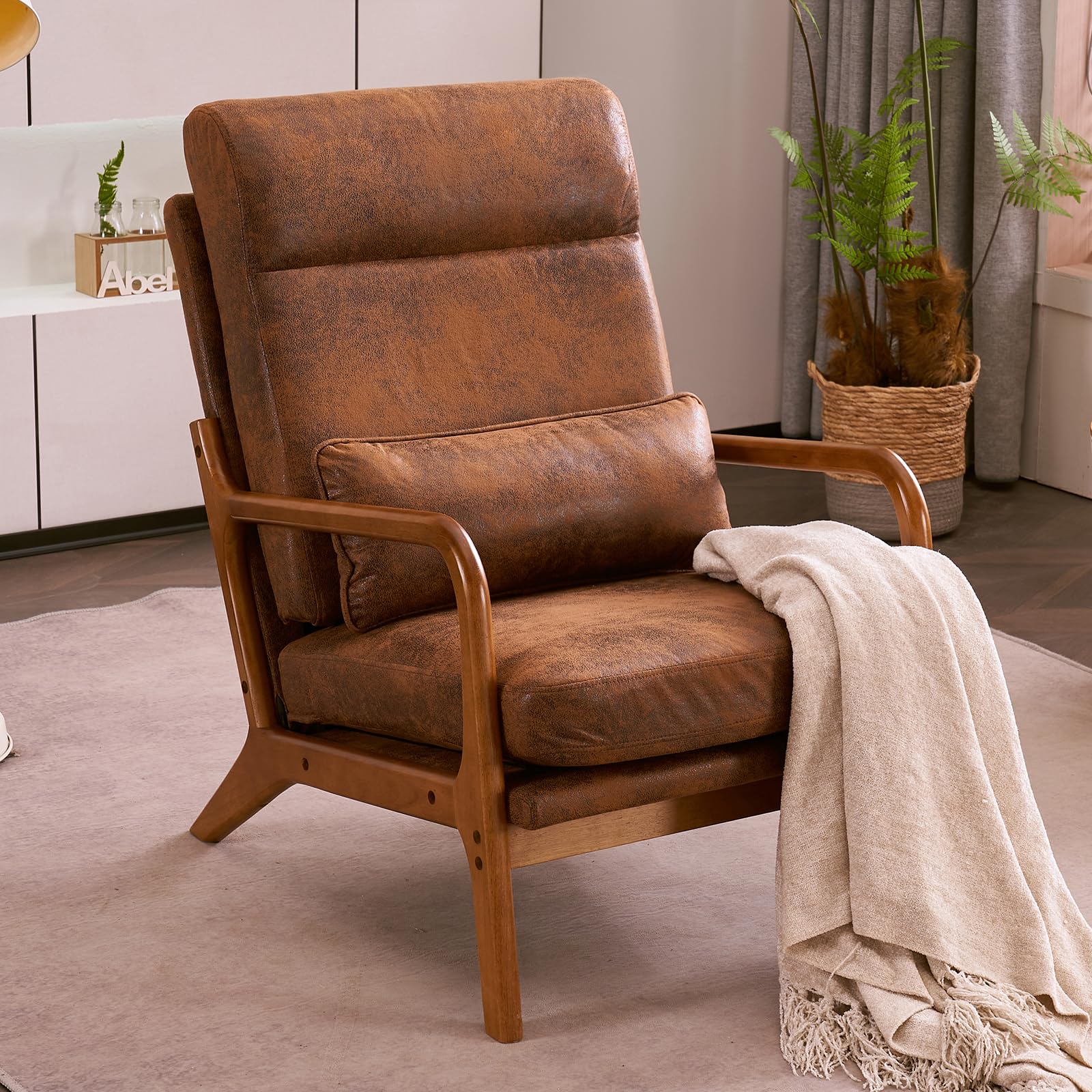 LEADZM Fauteuil de Salon avec Cadre en Bois Massif Fauteuil Lounge, Fauteuil Relax Scandinave, Dossier Haut, pour Salle à Manger, Salon, Chambre, Siege Bureau (Marron)