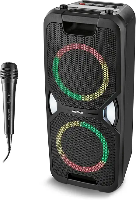 MEDION PE-1 Pure Partybox (Akku, mit Mikrofon, tragbarer Bluetooth Lautsprecher groß, Musikbox, Verschiedene Lichteffekte, Partylautsprecher mit Karaoke, 2 x Mikrofonanschluss, AUX, USB, Radio)