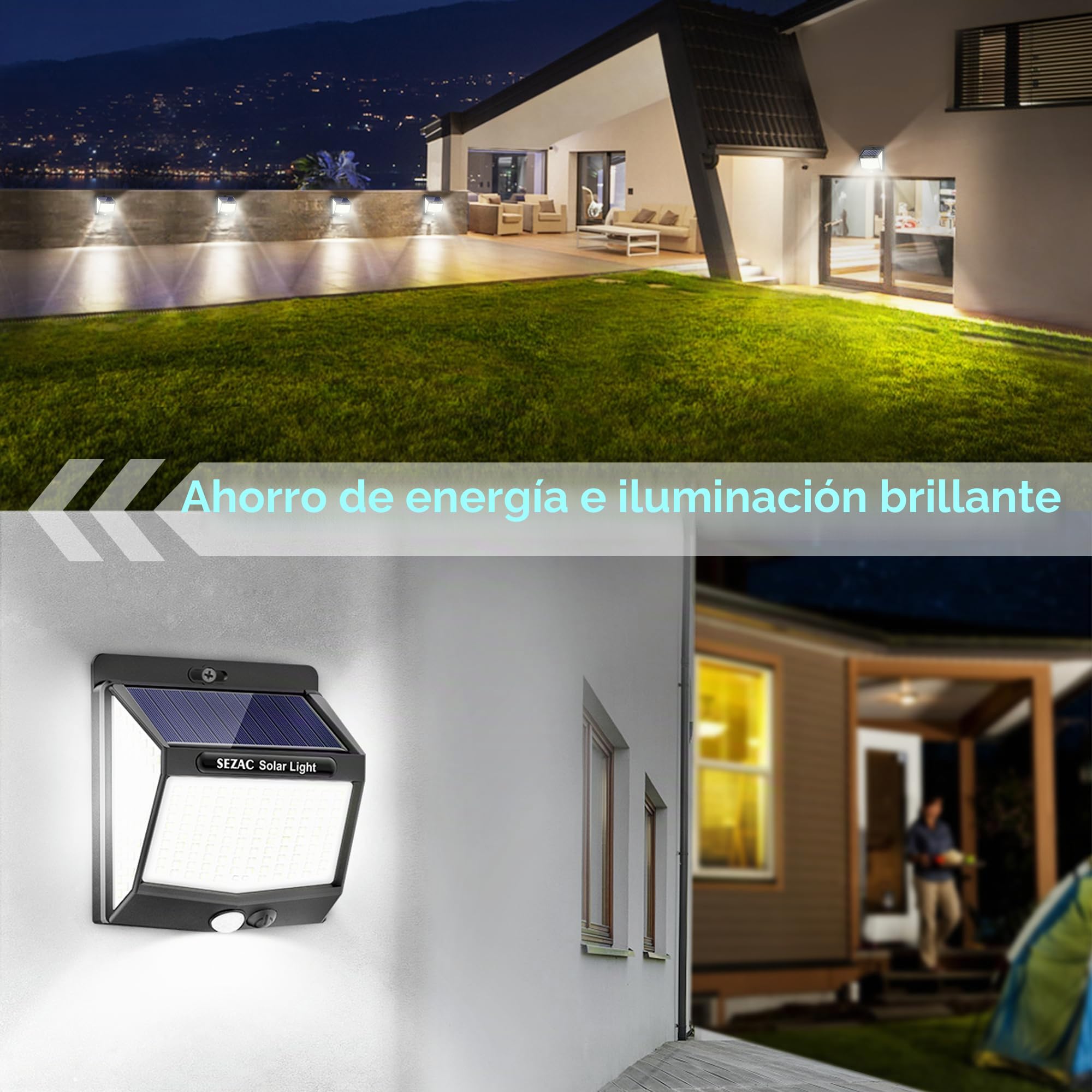 SEZAC Luz Solar Exterior [6 Paquete/3 Modes] 270° Súper Brillante Focos Led Exterior Solares con Sensor de Movimiento, IP65 Luces Solares Led exterior Jardin para Garajes, Caminos, Puertas Delanteras