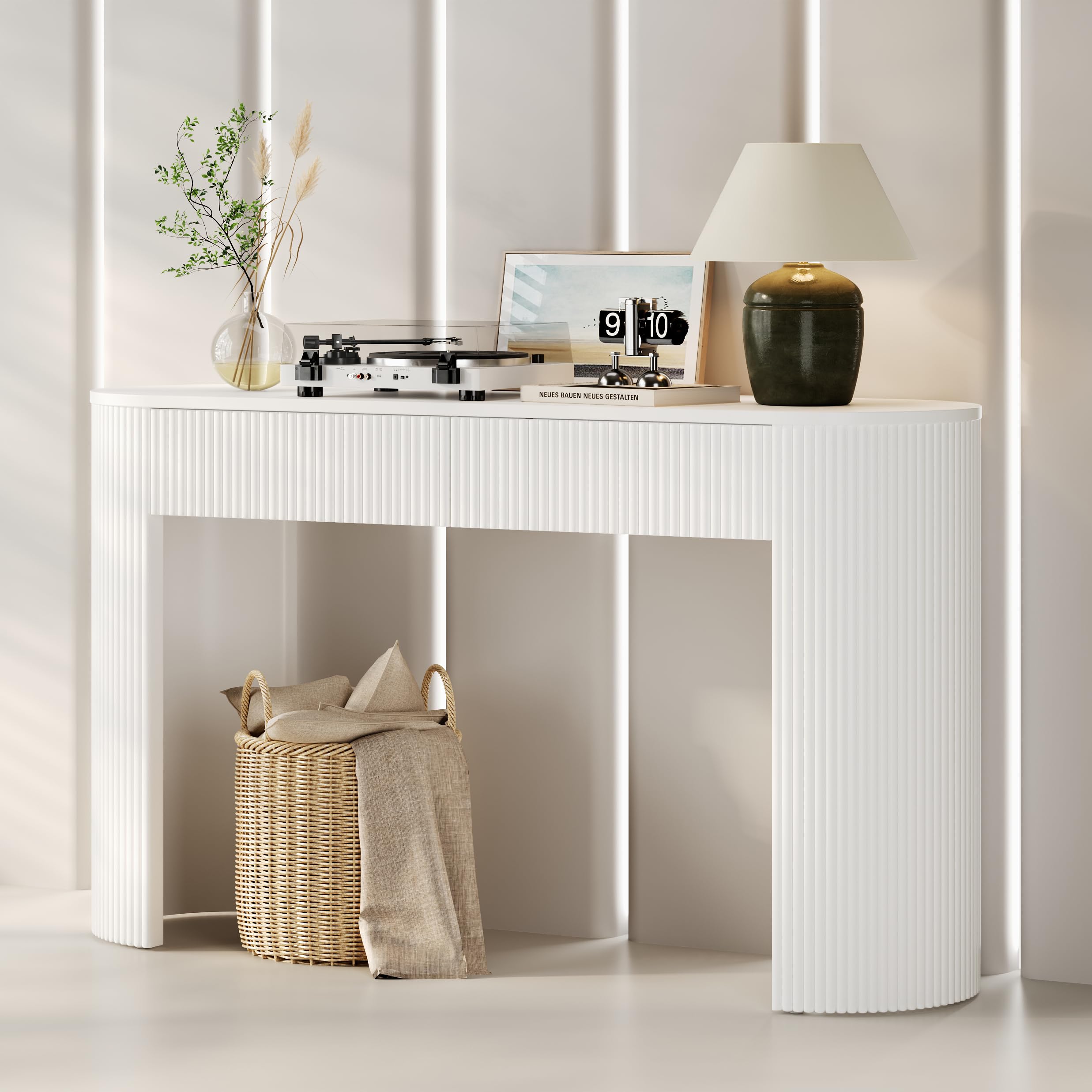 Tavolo consolle da toeletta, tavolino da corridoio, con cassetti, con parte anteriore curva e poggiapiedi regolabili, per soggiorno, camera da letto, corridoio, 120 x 33 x 76 cm (bianco)