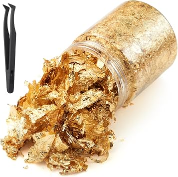 Gold Leaf Flakes with Tweezers,10g Metallic Gold Foil Flakes for Resin, with Tweezers, Imitation for Nail Art, Crafts, Slime, Painting, Jewelry Making, DIY Craft Supplies