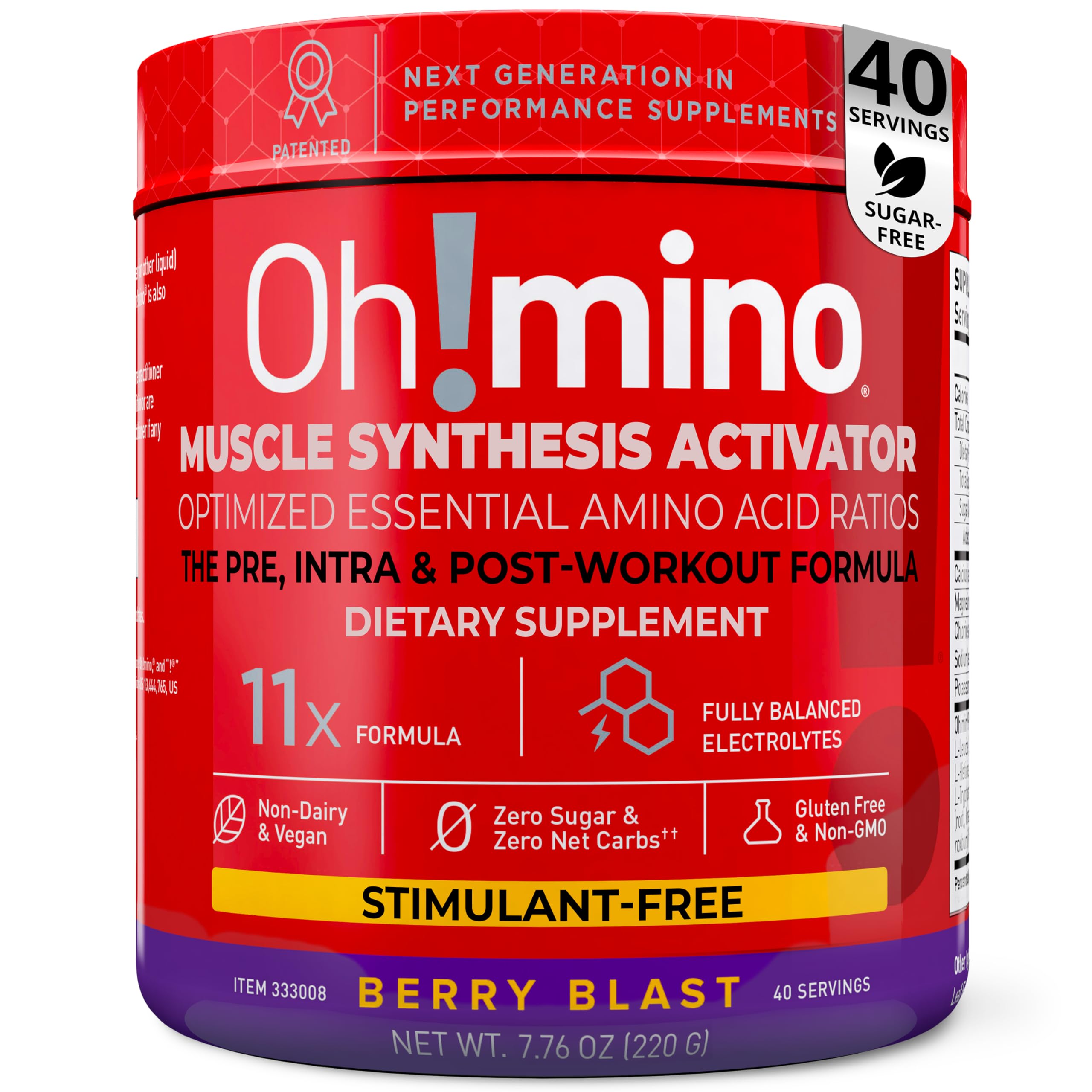 Oh!mino Essential Amino Acids Supplement, Berry Blast, Stimulant-Free Powder, All 9 EAAs, BCAAs and The Perfect Amino for Workouts, Amino Energy, and to Build Muscle, and Recover Faster