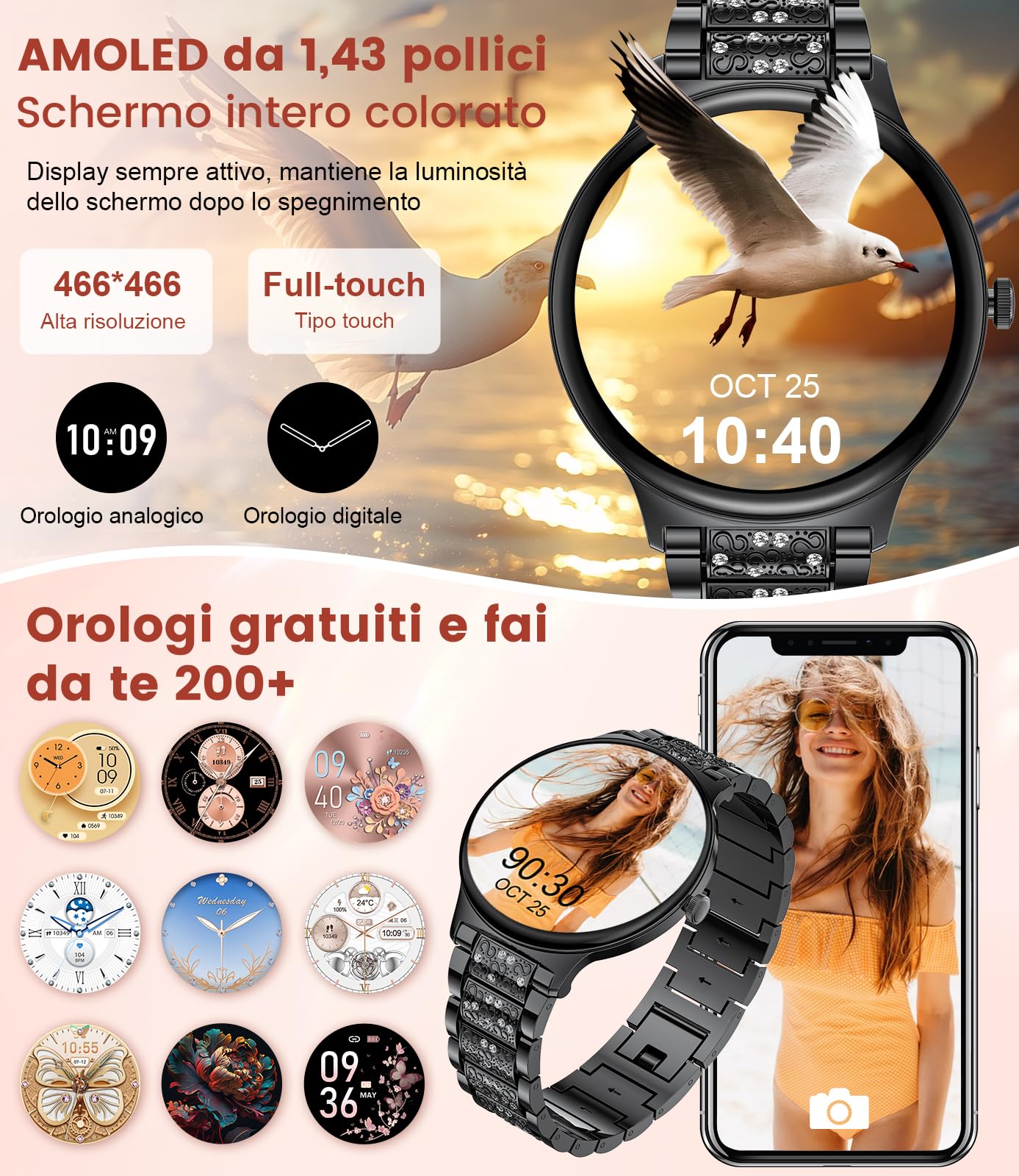 LIGE Smartwatch da donna 1.43" AMOLED rotondo touch screen con funzione telefono, fitness tracker donna 120 + modalità sport/IP68/SpO2/frequenza cardiaca/ciclo mestruale Diamond Smart Watch per iOS