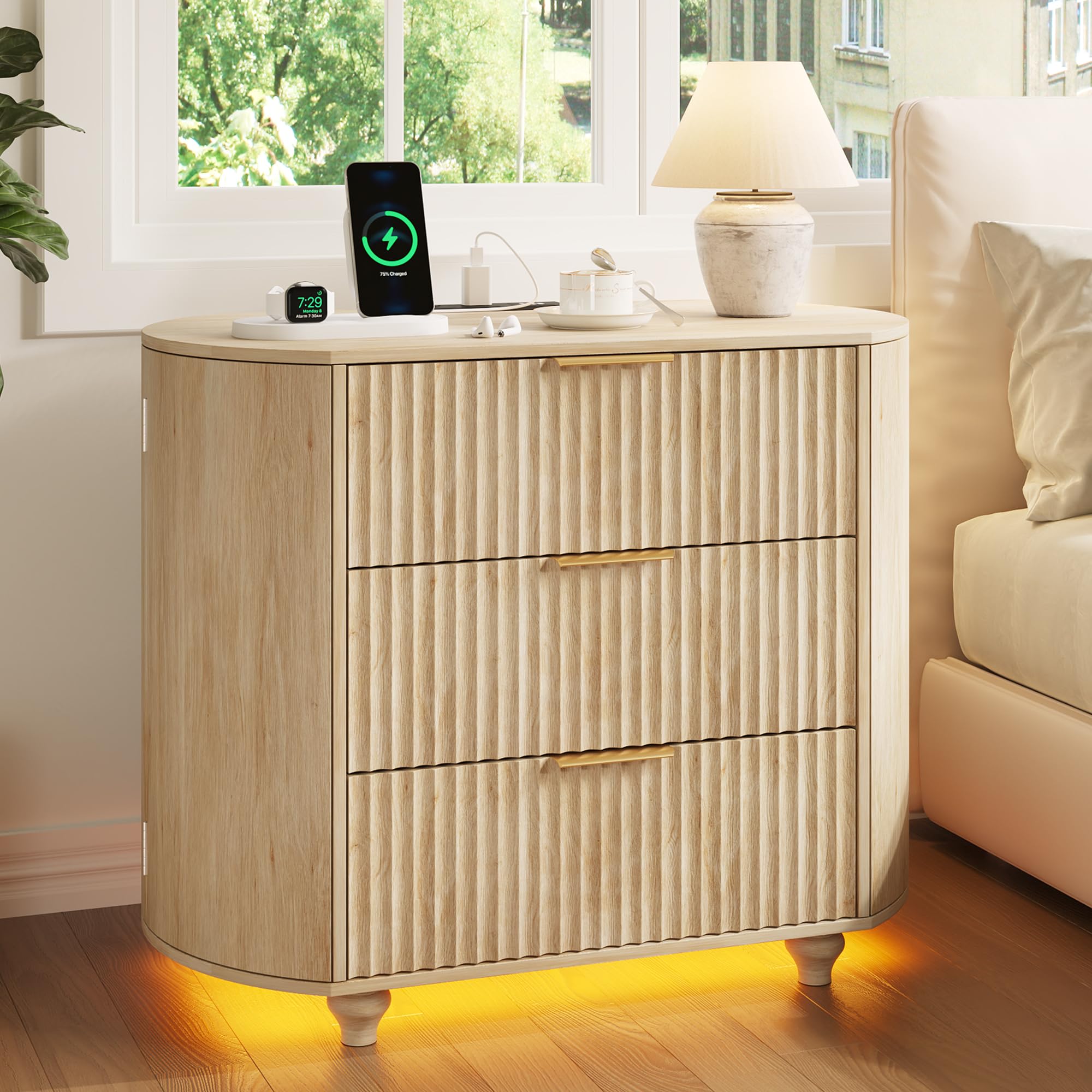 ZKIODV Ovalada Mesita de Noche con Enchufes, LED Mesita de Noche con 3 Cajones, Moderna Mesilla de Noche Grande, iluminación LED 3, USB y USB-C, Mesilla Madera Dormitorio, 65 x 80 x 45 cm (Roble)