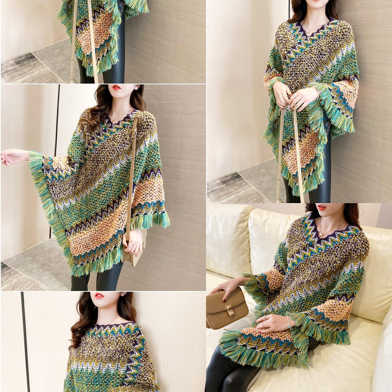 Poncho à franges pour femme - Col en V - Ample - Sans manches - Ourlet irrégulier - Décontracté