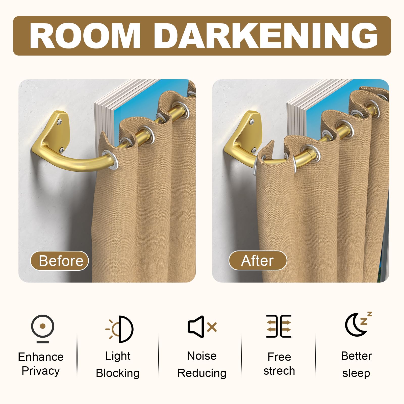 GXOACKJ Gold Curtain Rods for Windows 66 to 120 inch, 5/8 inch Adjustable Wrap Around Blackout Curtain Rods for Bedroom & Outdoor - Image 2