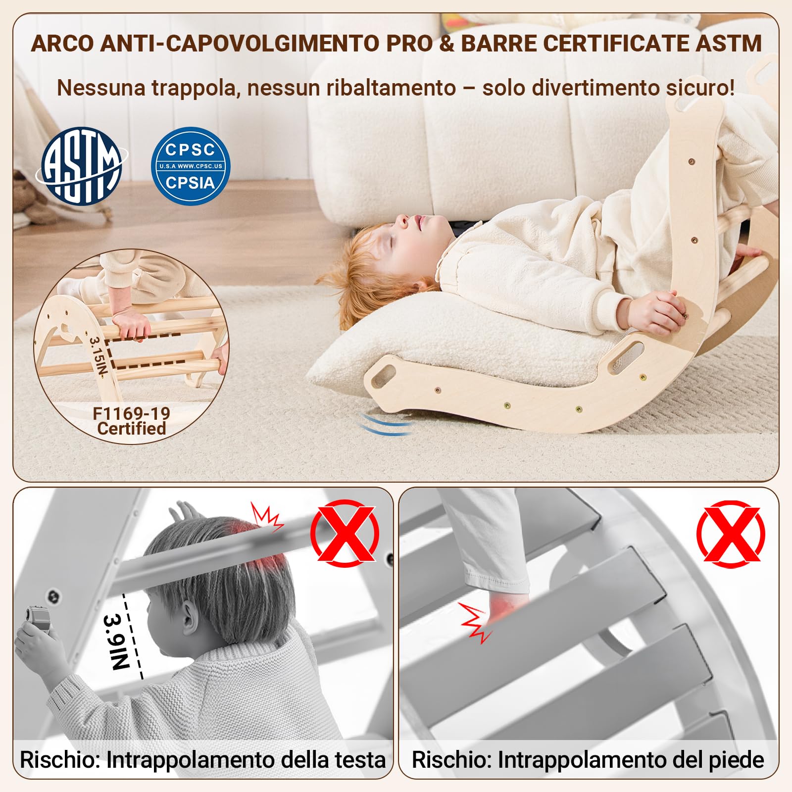 COSYLAND Set di Arrampicata 8 in 1 per Bambini – Triangolo Pikler e Arco Montessori Compatti con Scivolo, Struttura Pieghevole da Interno 18M–3A per Gioco Motorio e Arrampicata（Naturale）