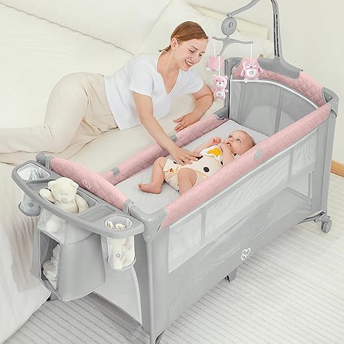 Miniatura 8 de BabyBond Cuna para bebé, cuna de noche, paquete y juego con sábana, cambiador de pañales y móvil de música desde recién nacidos hasta niños