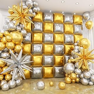 36pcs Gold and Silver Square Foil Balloons Wall Backdrop with 147pcs Balloon Garland Arch Kit, Double Sided Balloons for Birthday Bridal Shower Anniversary New Year Graduation Party Decorations