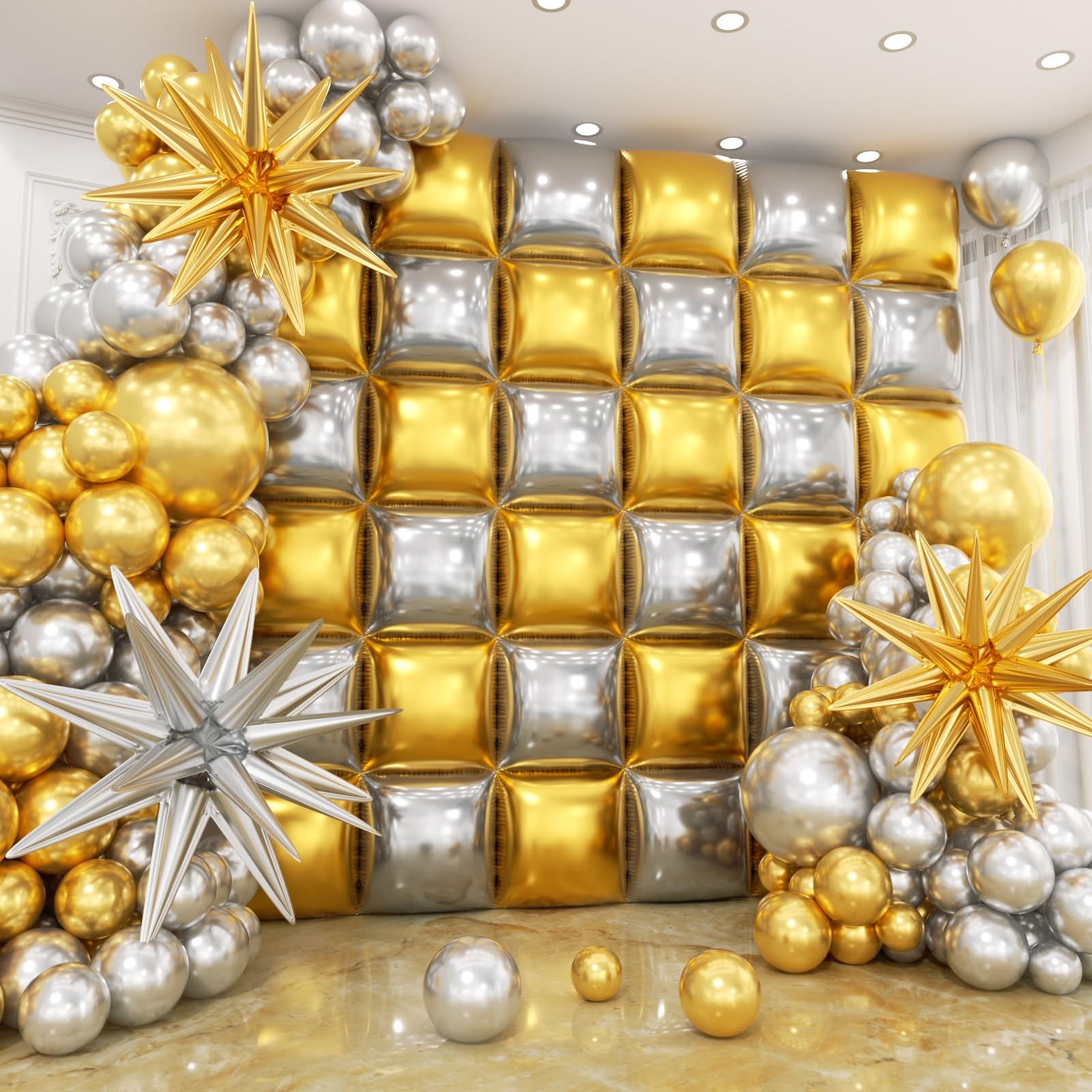 HKYOOD 36pcs Gold and Silver Square Foil Balloons Wall Backdrop with 147pcs Balloon Garland Arch Kit, Double Sided Balloons for Birthday Bridal Shower Anniversary New Year Graduation Party Decorations