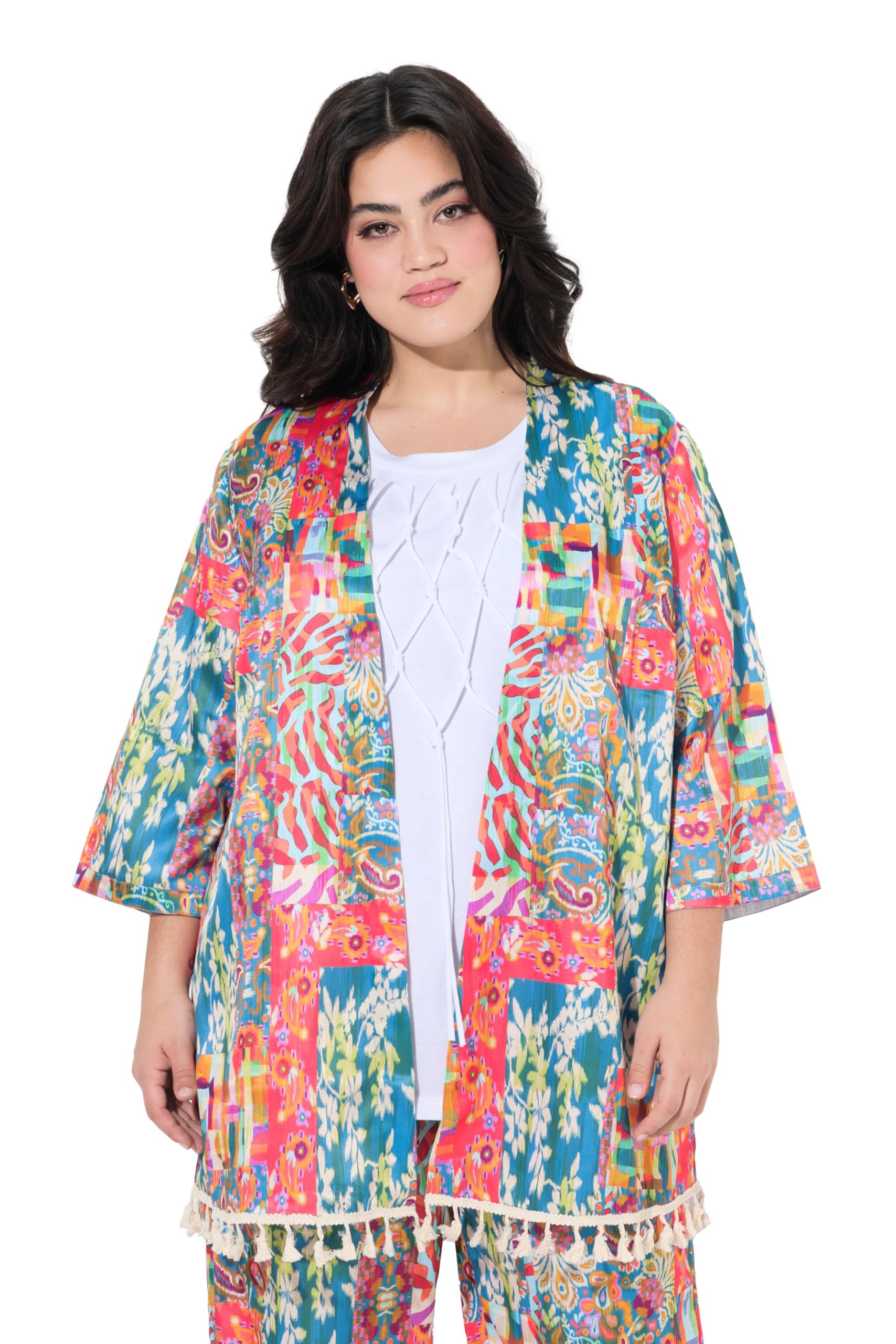 Angel of Style Damen große Größen Übergrößen Plus Size Kimono, Satin mit Alloverdruck, Quasten-Zierbans 840365