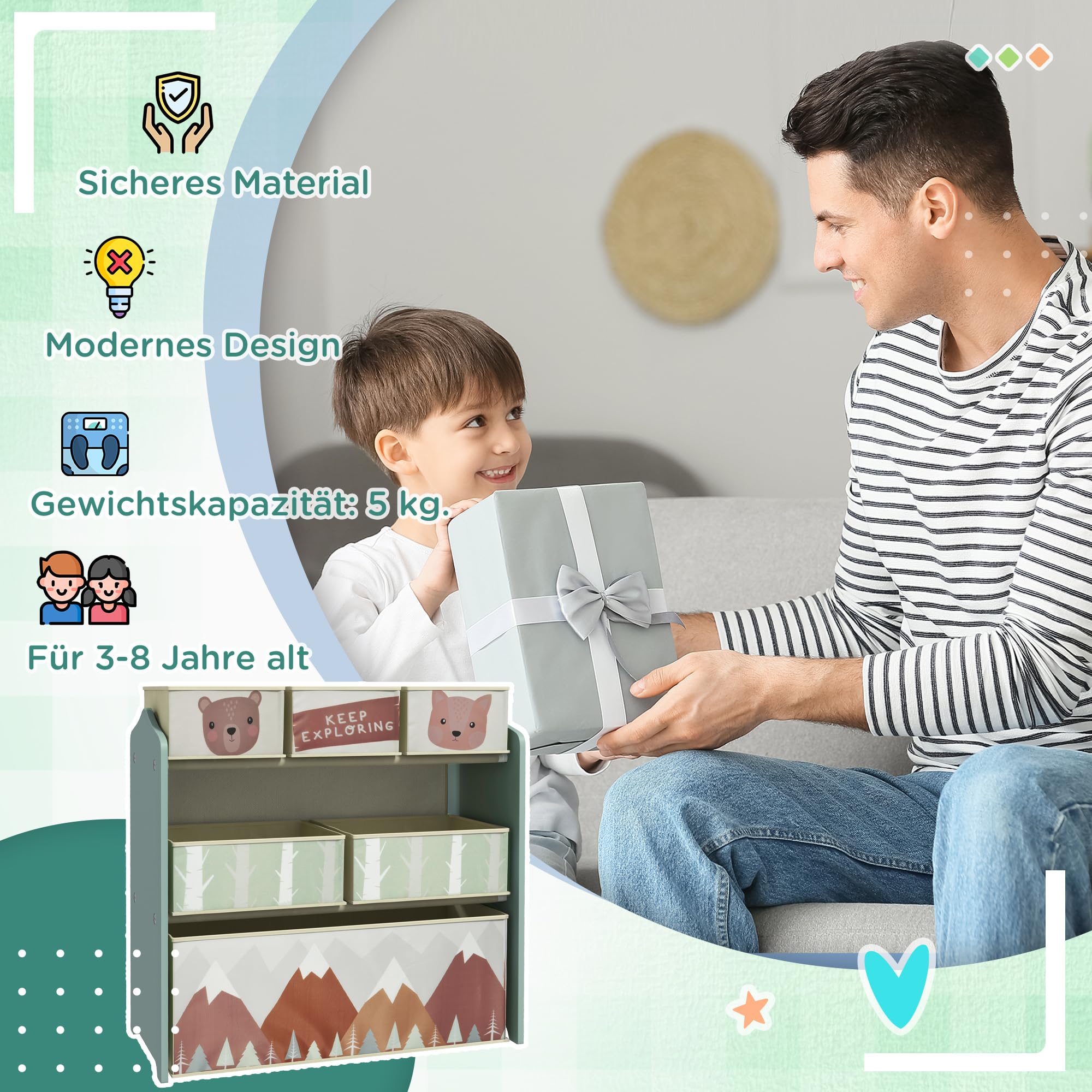ZONEKIZ Kinderregal, Spielzeugregal mit 6 herausnehmbaren Aufbewahrungsboxen aus Vliesstoff, Bücherregal, Kinderzimmerregal für Kinderzimmer, Kindergarten, Spielzimmer, 63x30x66 cm, Grün