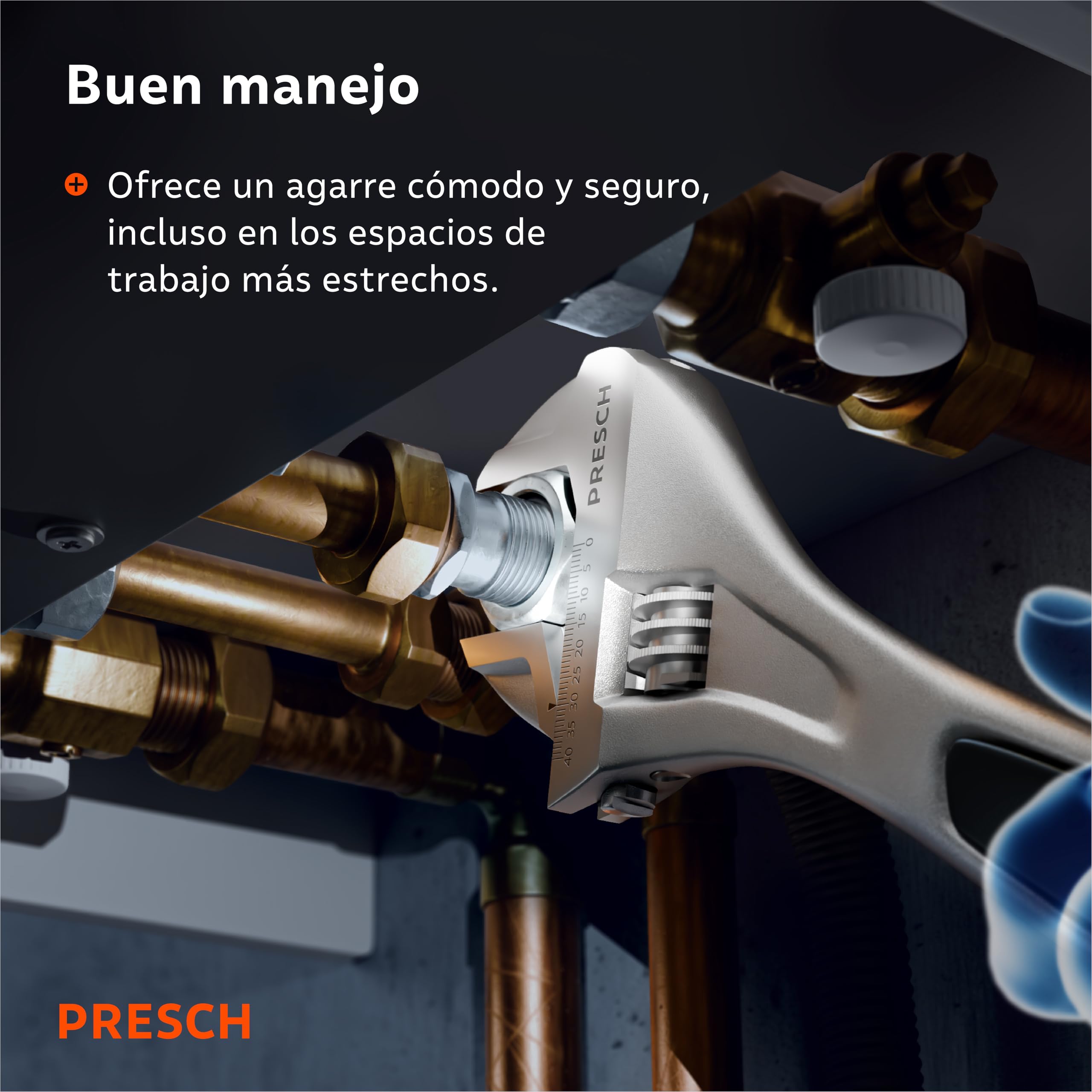 PRESCH Llave ajustable 300mm - Escala grabada con láser de 40mm (métrica y pulgadas) - Fresado de precisión para un agarre óptimo - Llave inglesa robusta - Herramienta de alta gama