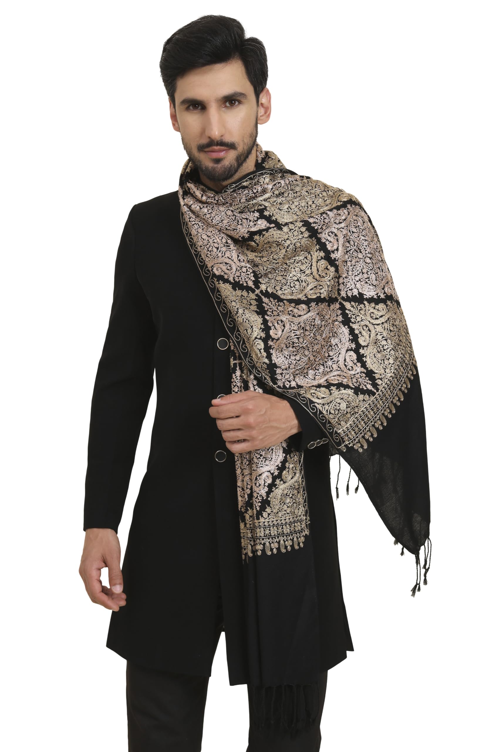 pashtush Mens Woollen Stole, Nalki Embroidery design, Black-picture-55