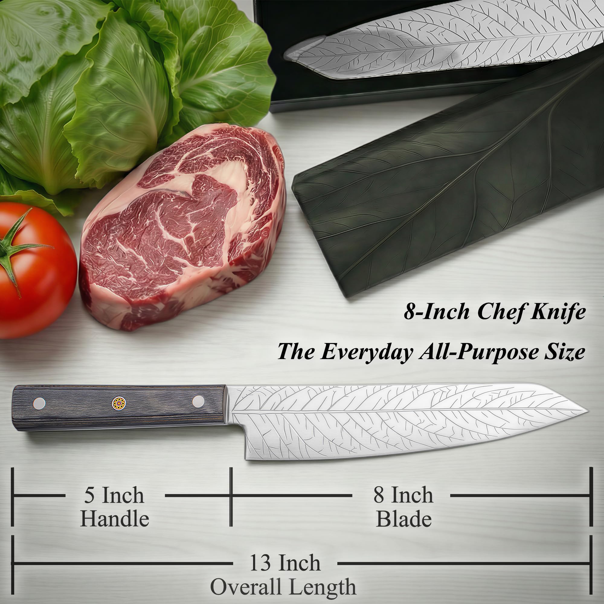 8-Inch Leaf‑etched Chef Knife –ALLWIN HOUSEWARE Deep Electro‑etched Leaf Pattern with 3D Air‑Pocket Design, Premium Stainless Steel Blade & Ergonomic Wood Handle for Kitchen Cooking Gift Grey — Amazon image 2