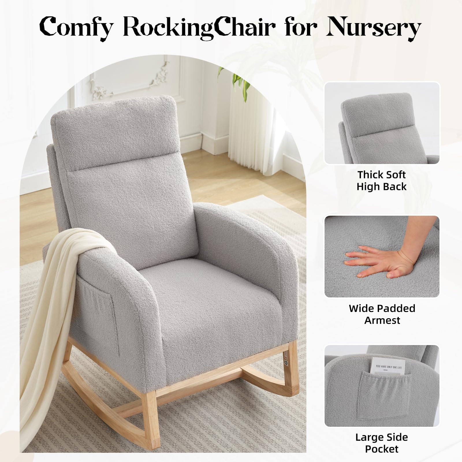 GarveeTech Fauteuil à Bascule Classique Plat avec Châssis Bois et Rembourrage Dossier Haut, Pieds Bois Naturel, Peluche Teddy, Gris Clair