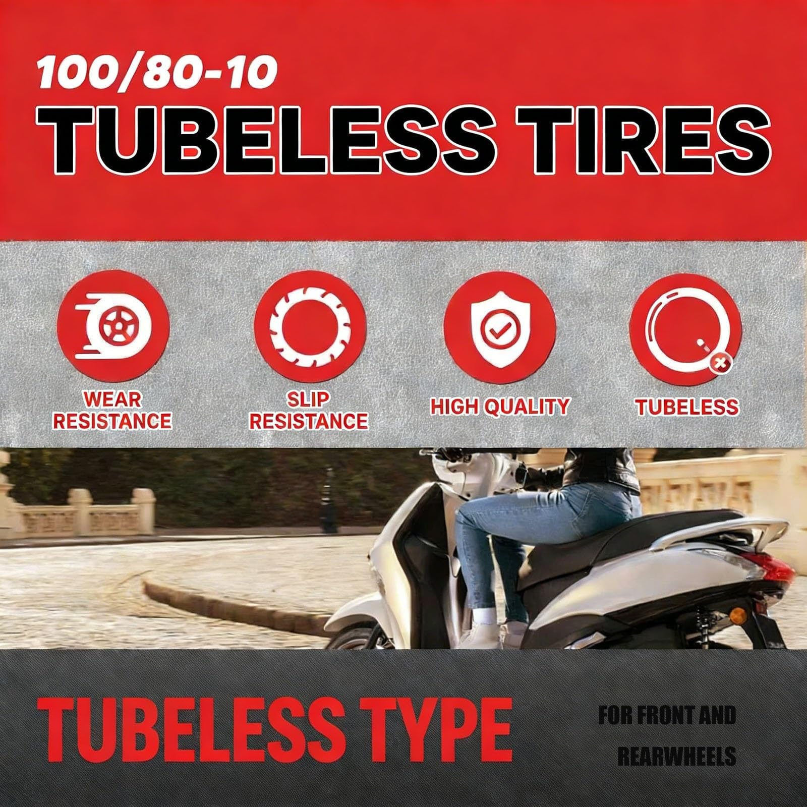 100/80-10 Opona Motocyklowa Tubeless, 100/80/10 Przednia i Tylna, Wysoka Przyczepność, Odporna na Przebicia i Pęknięcia, Idealna do Jazdy Miejskiej i Codziennej