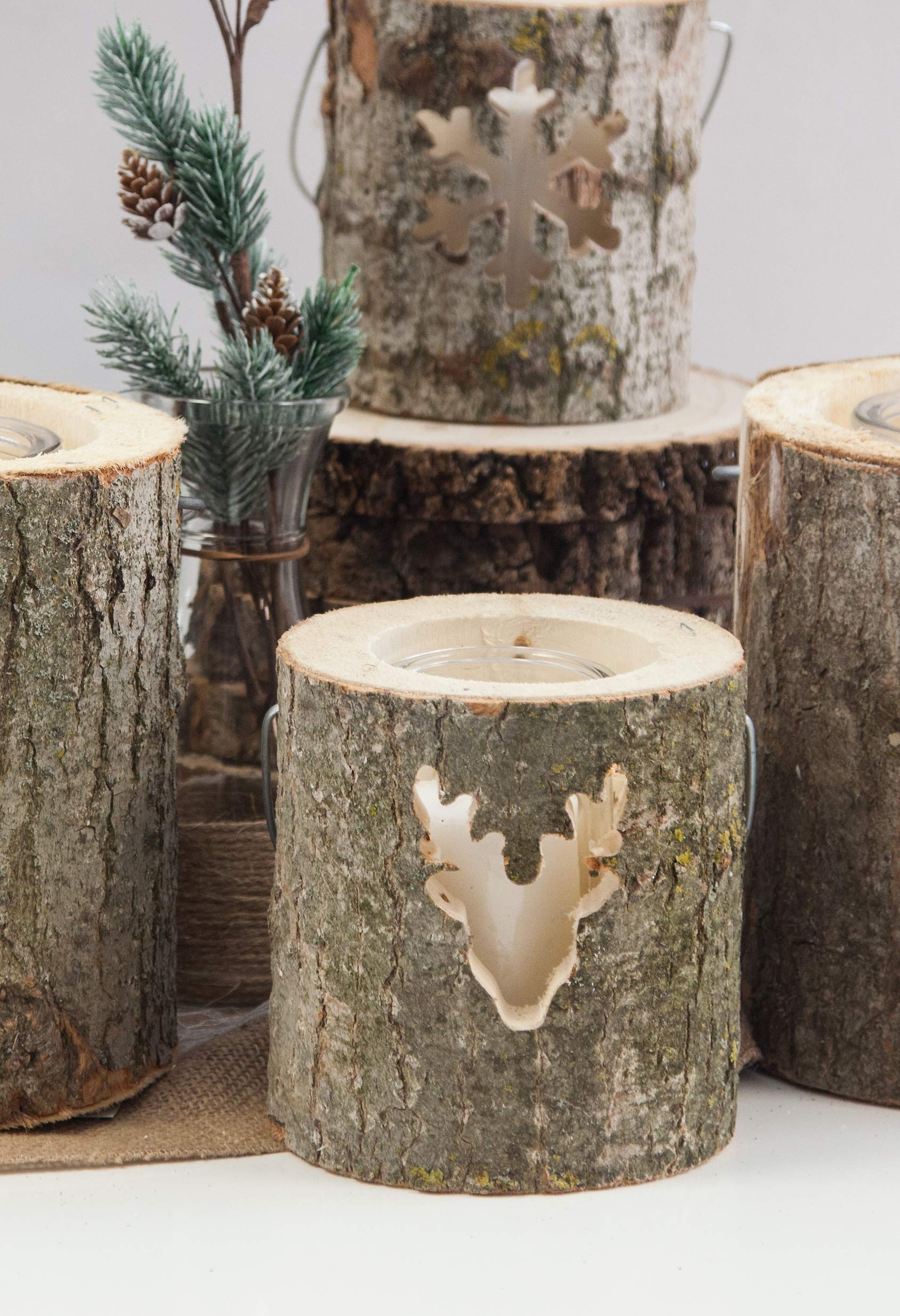 Decor Essentials Reindeer Heart Rustic Wooden Birch Lantern With Glass Candle Holder - Christmas Lights Table Decor Centrepiece (Reindeer Head, 13Cm)