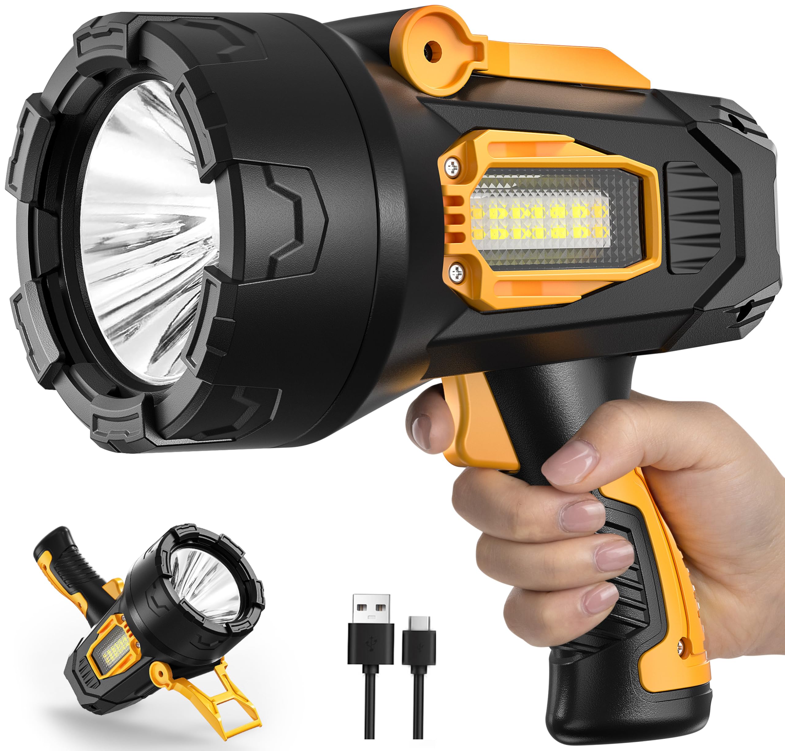 MIXILIN Rechargeable Spotlight 2,000,000 Lumens, Super Bright LED Spotlight Flashlight Outdoor with COB Light & Foldable Tripod, 10000ɱAh Long Lasting