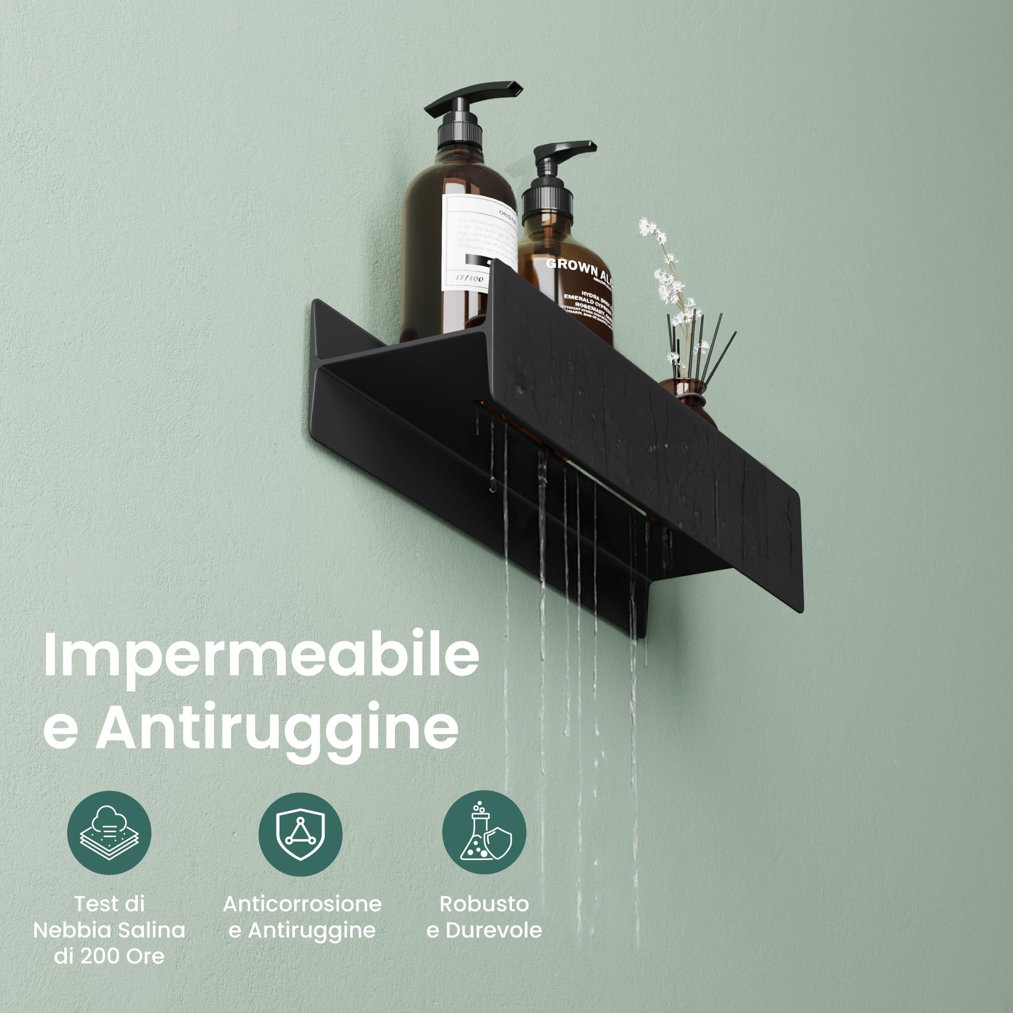 Mai & Mai Mensola da Parete Multifunzionale 40cm, Nero Opaco | Mensola per Doccia, Lega di Alluminio-Magnesio, Antiruggine Mensola da Appendere per Bagno e Cucina, Rimovibile, Reglo-03