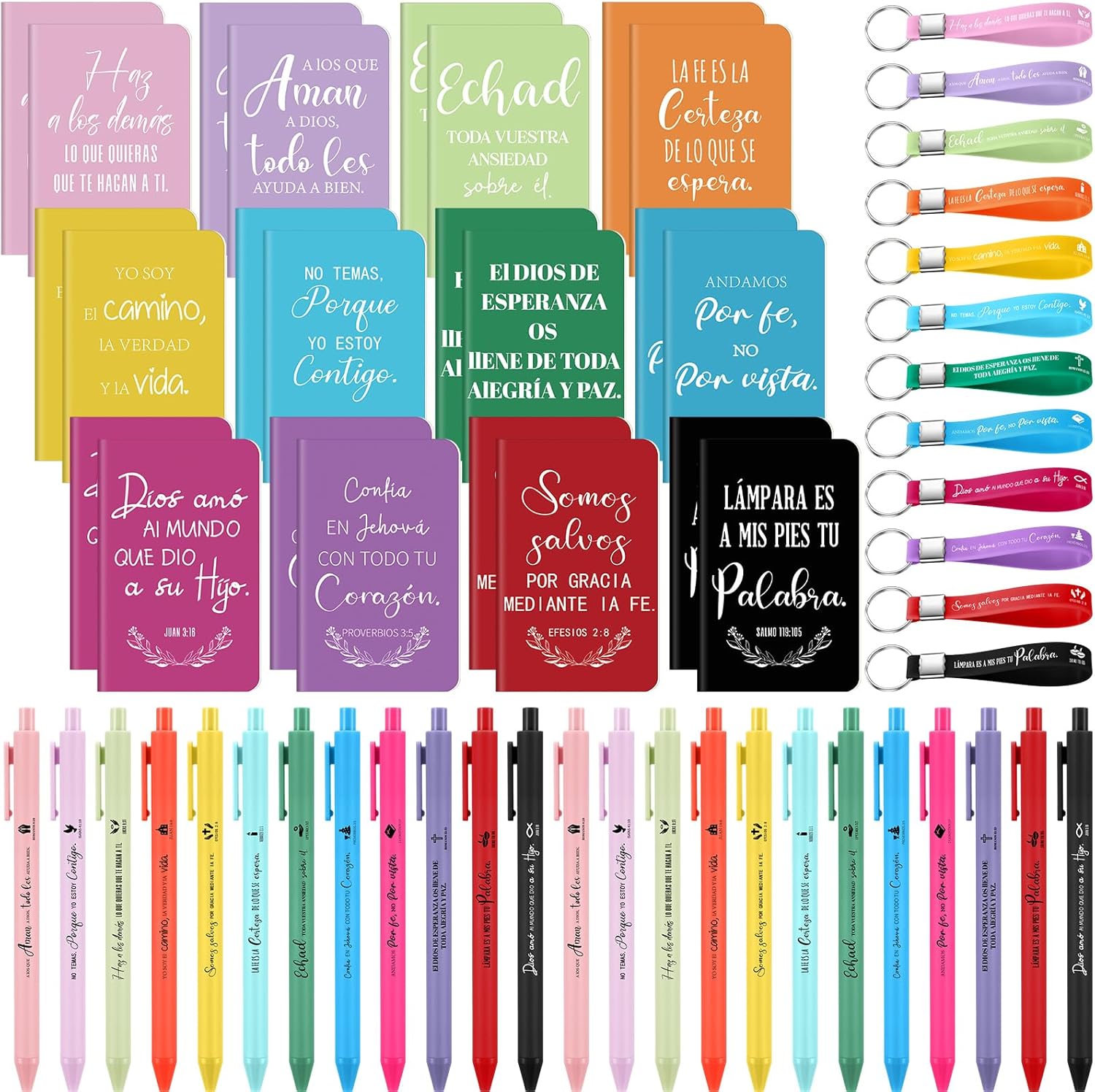 Epakh 72 Pcs Spanish Christian Gift Bulk Religious Journal Notebook Bible Verse Retractable Ballpoint Pen Inspirational Quote Keychain for Adult Church Sunday School Office Favor(Multicolor)