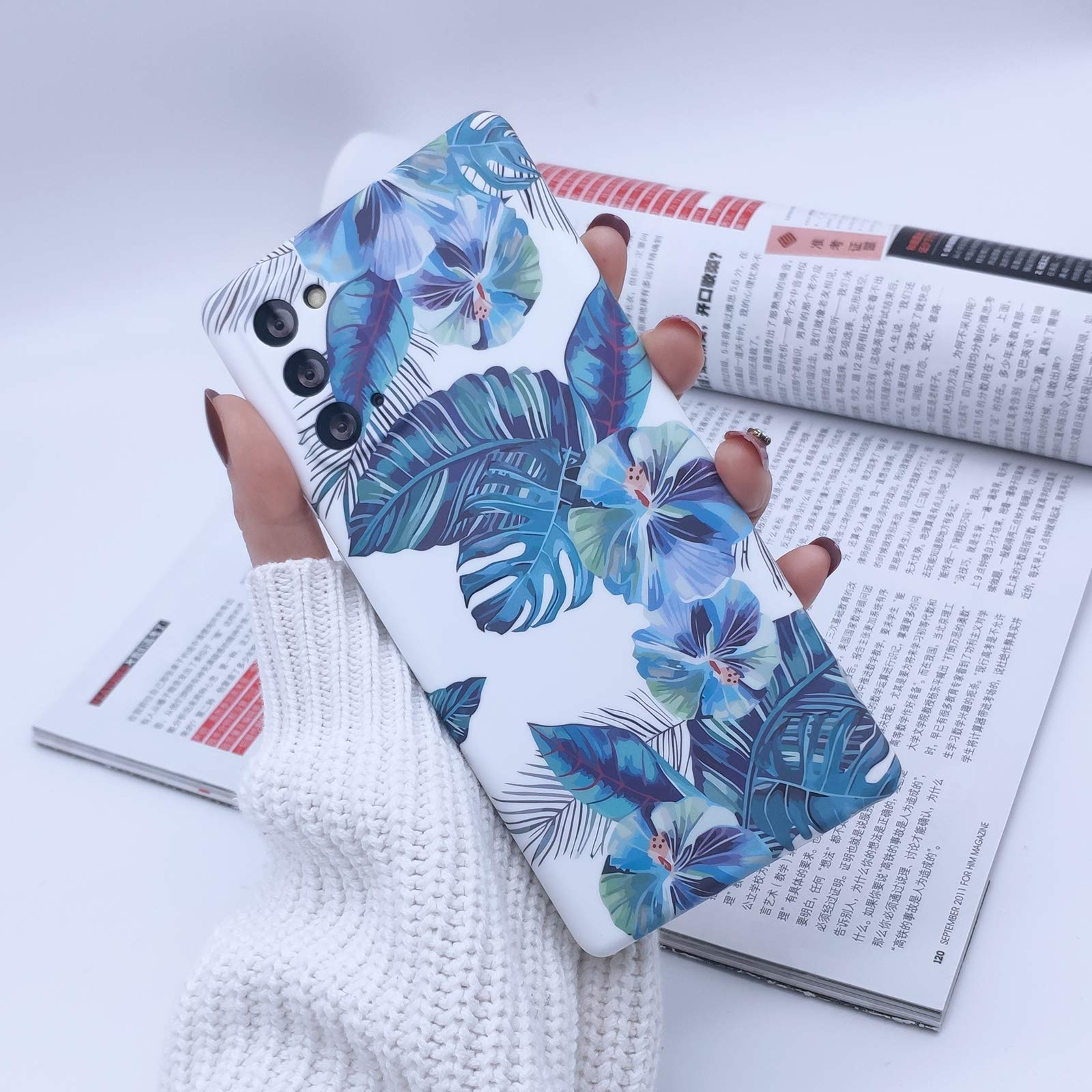 MADINCN Compatible with Samsung Galaxy Note 20 Soft Floral Case, 3D Blue Leaves Pattern White Shell Design, Rugged Slim fit Shock-Absorbing Soft Rubber TPU Skin Cover Case (Blue)