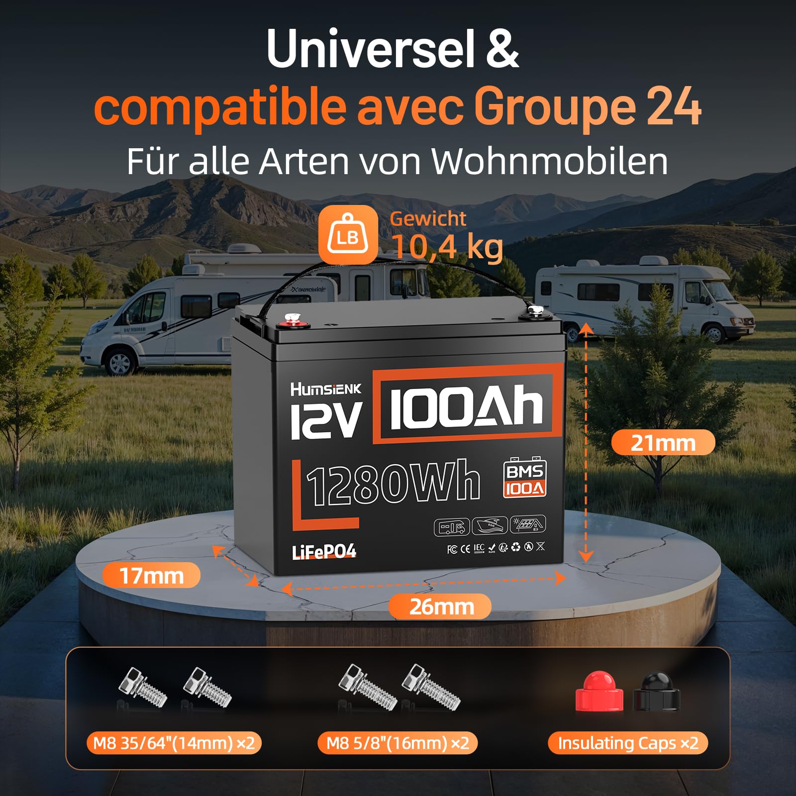 HumsiENK Lot de 3 Batteries Lithium LiFePO4 12V 100Ah, 1280Wh avec BMS Intelligent 100A, 15000 Cycles, Longue Durée 10 Ans, pour Camping-Car, Stockage Énergie Solaire, Systèmes Hors Réseau et Bateaux