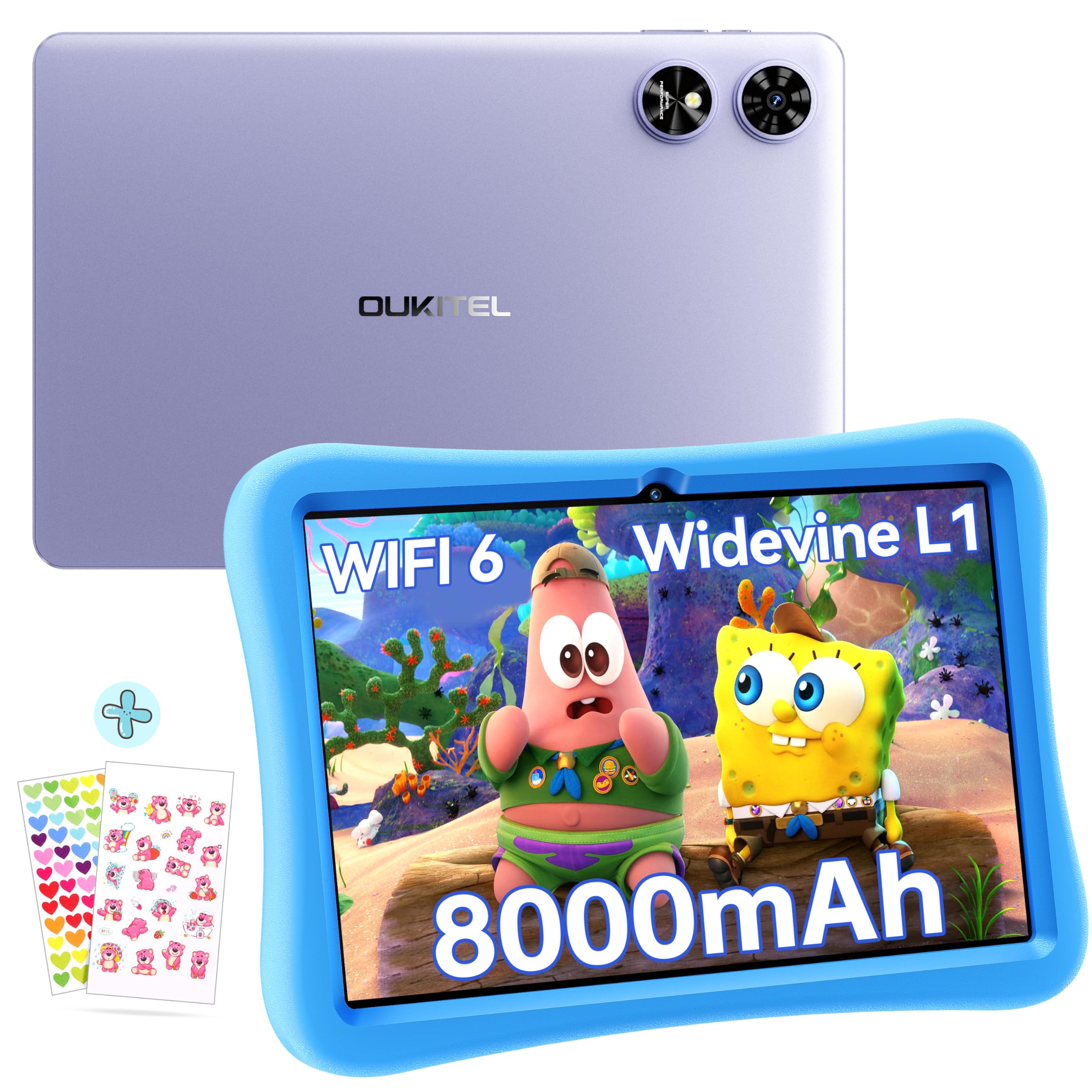 OUKITEL OT6 Tablet per Bambini 10 Pollici - 16GB RAM+64GB ROM- WIFI-6 Android 13 Tablet - 8000mAh con Controllo Parentale,BT5.0 Tablet Bambino Giochi Educativi, Tablet PC con Custodia in EVA-Viola
