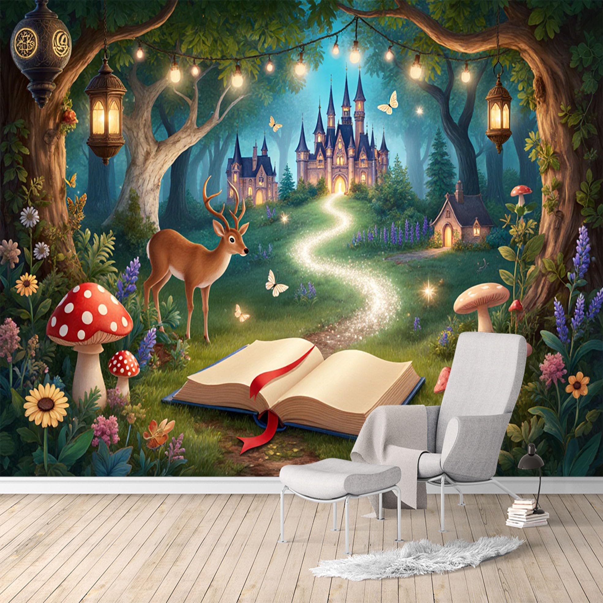 Custom Size Wall Murals, Enchanted Forest Castle Dreamscape Deer Magical Book Fairytale Fantasy, Removable Self Adhesive Large Wallpaper Mural for Living Room Bedroom Office