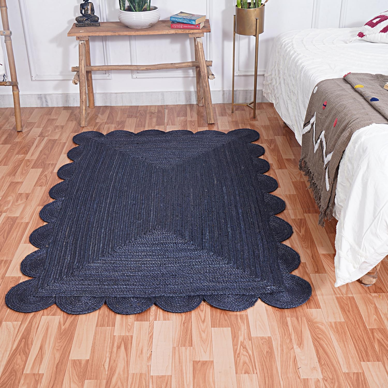 Mrida Weave Handwoven Scalloped Jute Area Rug – Natural Floor Carpet Mat for Living Room, Bedroom, Dining & Entryway Home Décor- 6x9 Feet (183 cmx274 cm) - Blue