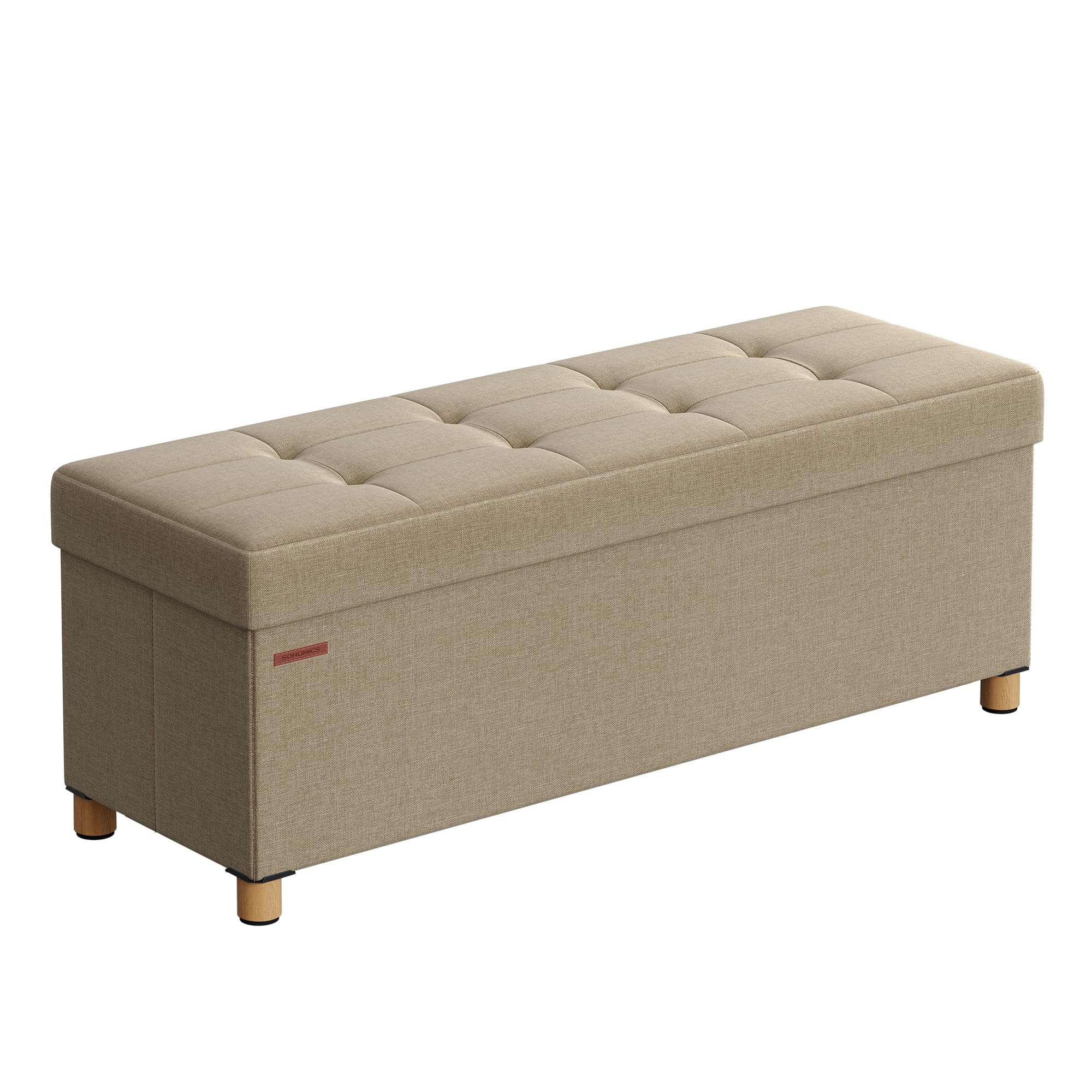 SONGMICS Puff Almacenaje, Baúl Plegable con Patas, 38 x 110 x 40 cm, Banco de Pie de Cama, Banco Almacenaje, Soporta hasta 300 kg, para Sala de Estar, Dormitorio, Entrada, Marrón Camello LSF018K11