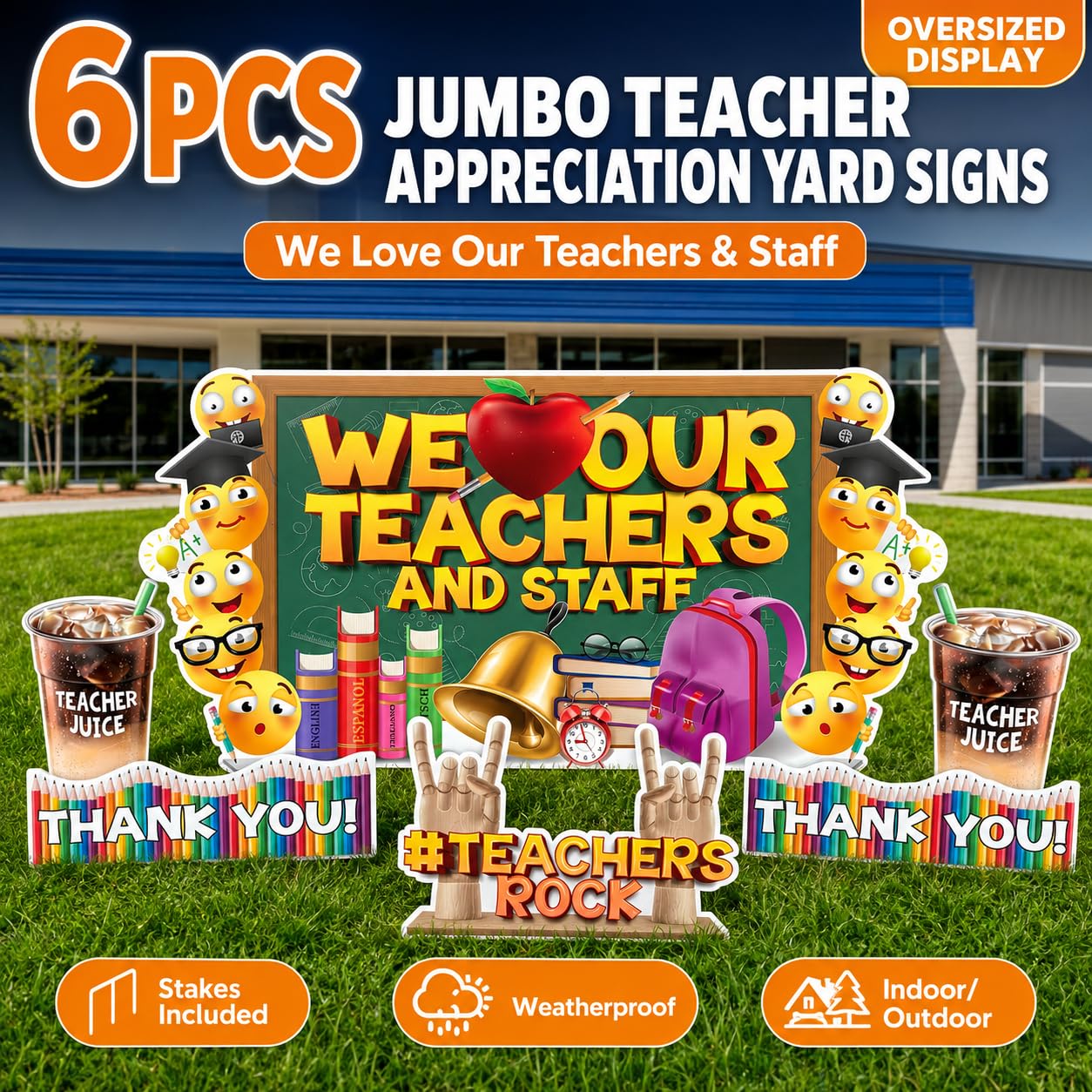 VictoryStore Lot de 6 cartes de remerciement géantes « We Love Our Teachers and Staff » - Imperméables - Avec piquets inclus