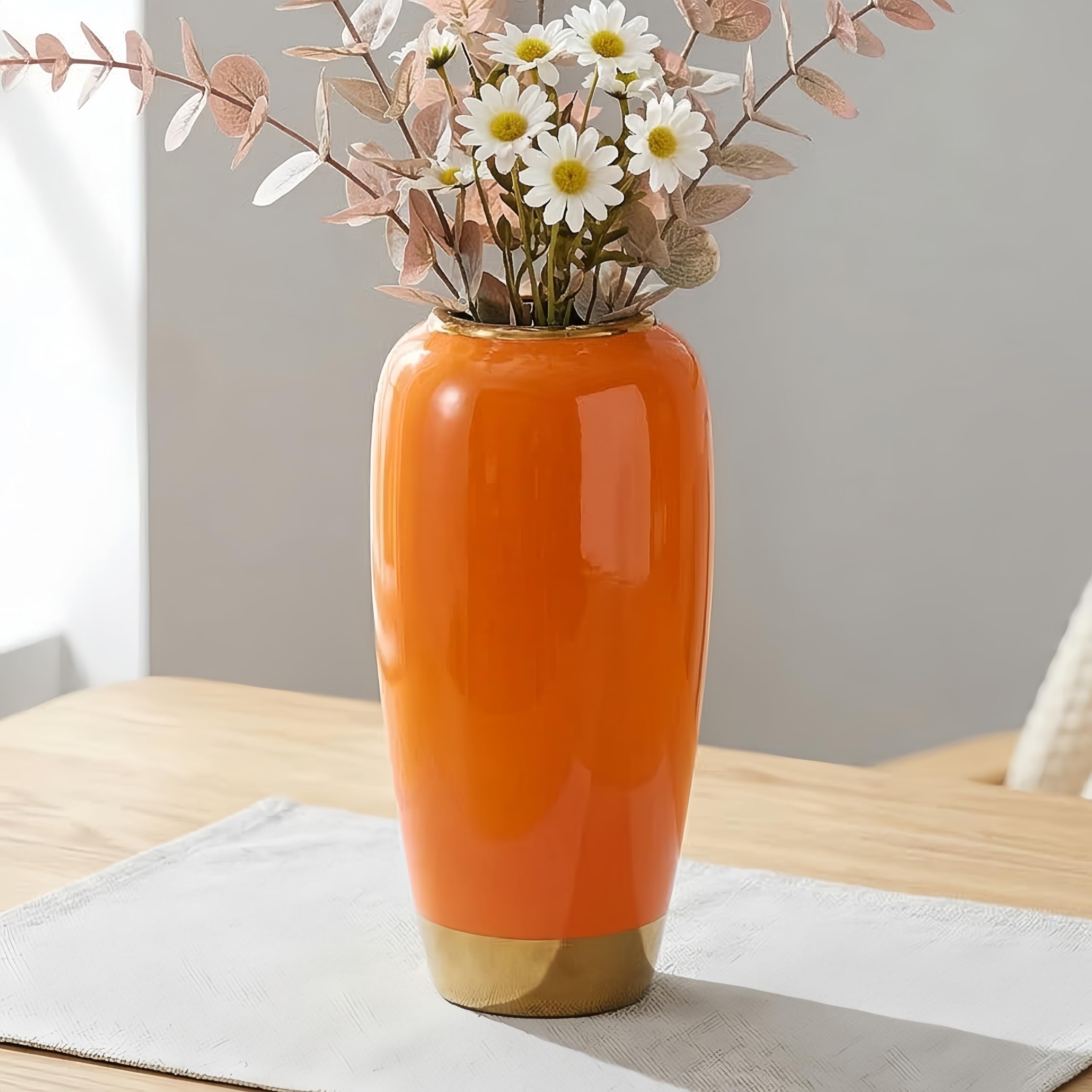 DOCFLVAS Orange Ceramic Tall Vintage Rustic Vase, 11.8 Inch Large Floor Vase, Bottle Shape, Ideal for Living Room, Entrance Table, Centerpiece, Kitchen, Bedroom, Wedding, Minimalist Home Decor