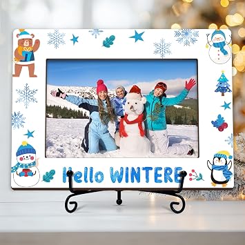 ISOVF Hello Winter Picture Frame - 4x6 Snowman Photo Frame With Stand for Desk Display - Xmas Home Tabletop Decorations - Holiday Merry Christmas Gifts for Friend -A05