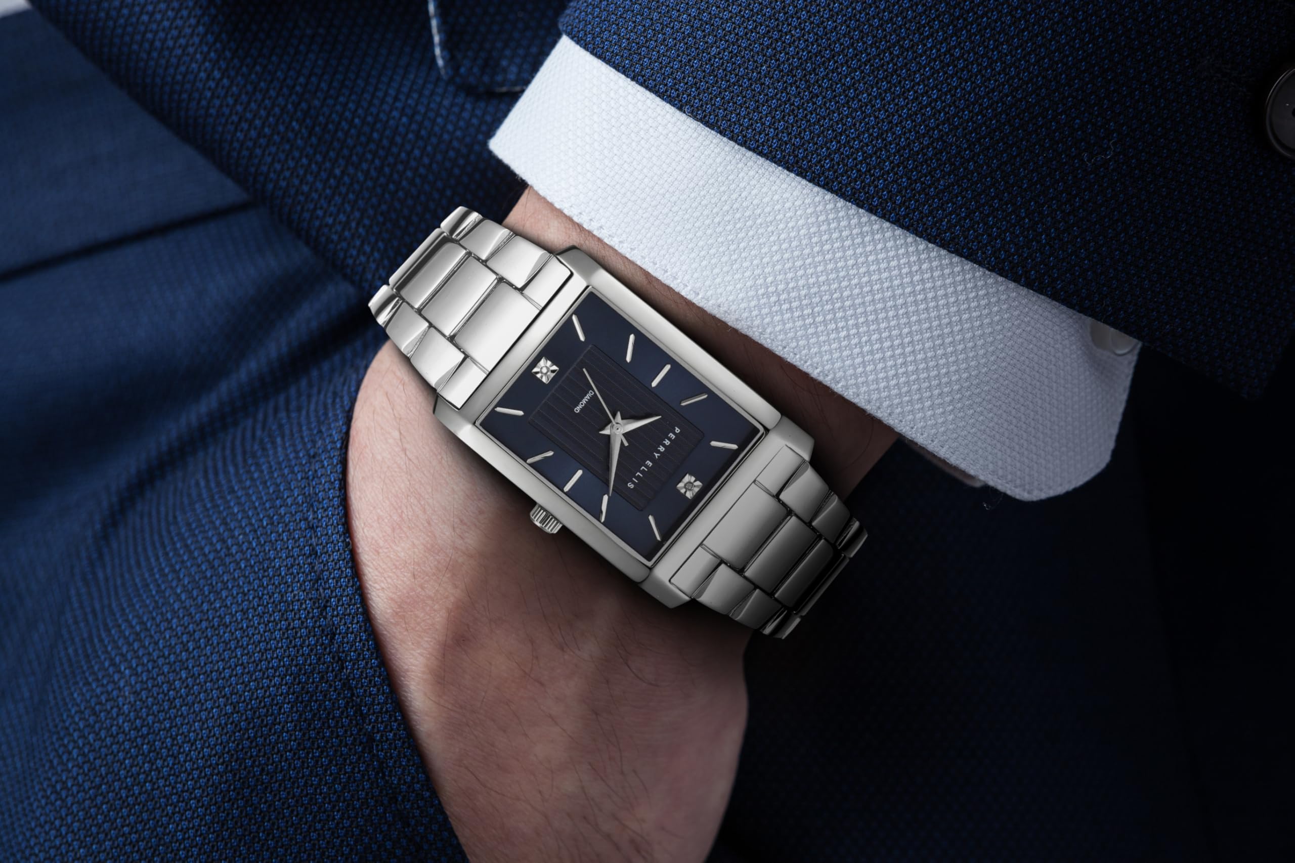 Perry Ellis Men's Watch – Rectangular Silver-Tone, Dark Blue Textured Dial with Diamond Accents, Silver Faceted Indexes, Stretch Bracelet, Quartz Analog Fashion Accessory - 3