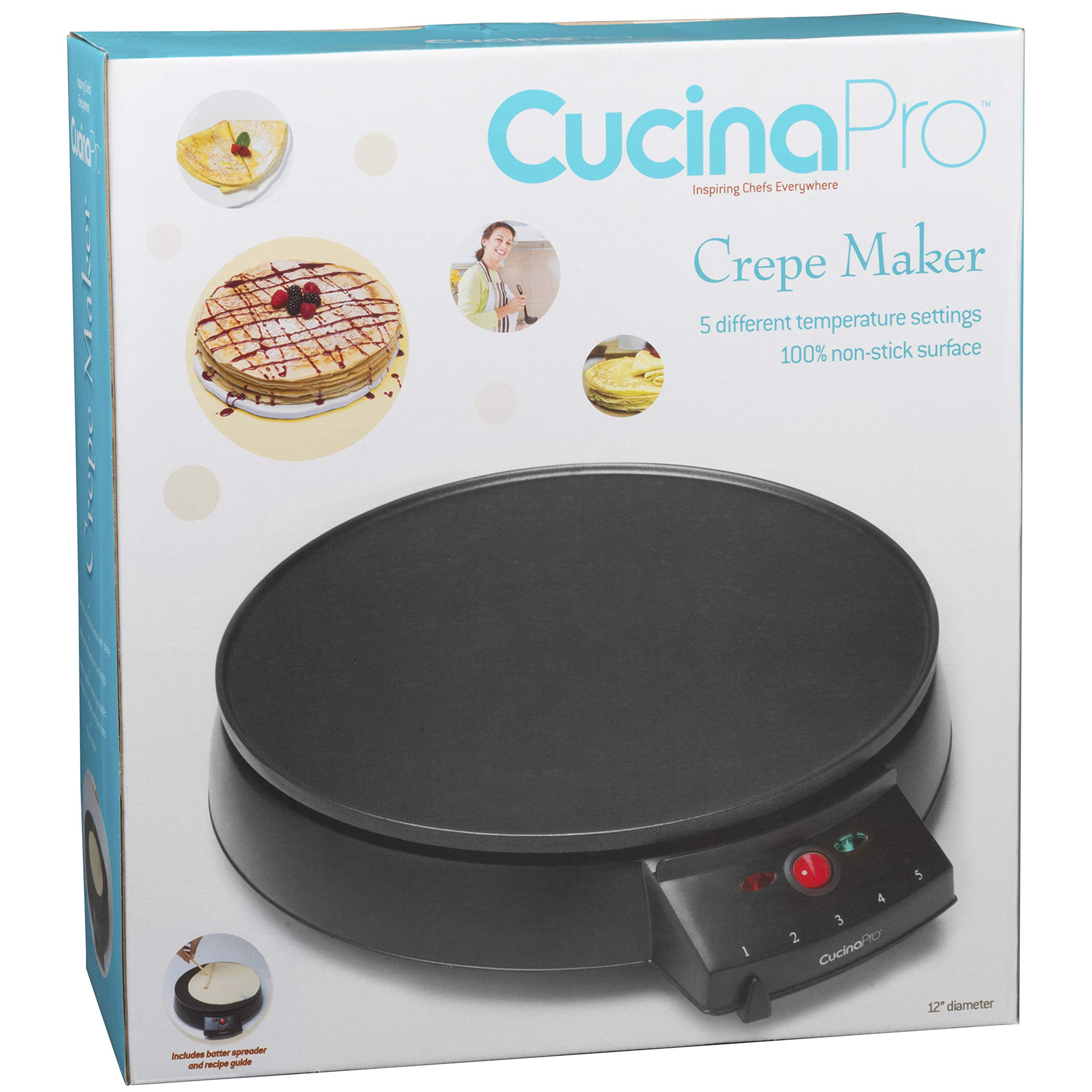 Crepe Maker and Non-Stick 12" Griddle- Electric Crepe Pan with Spreader and Recipes Included- Also use for Blintzes, Eggs, Pancakes and More
