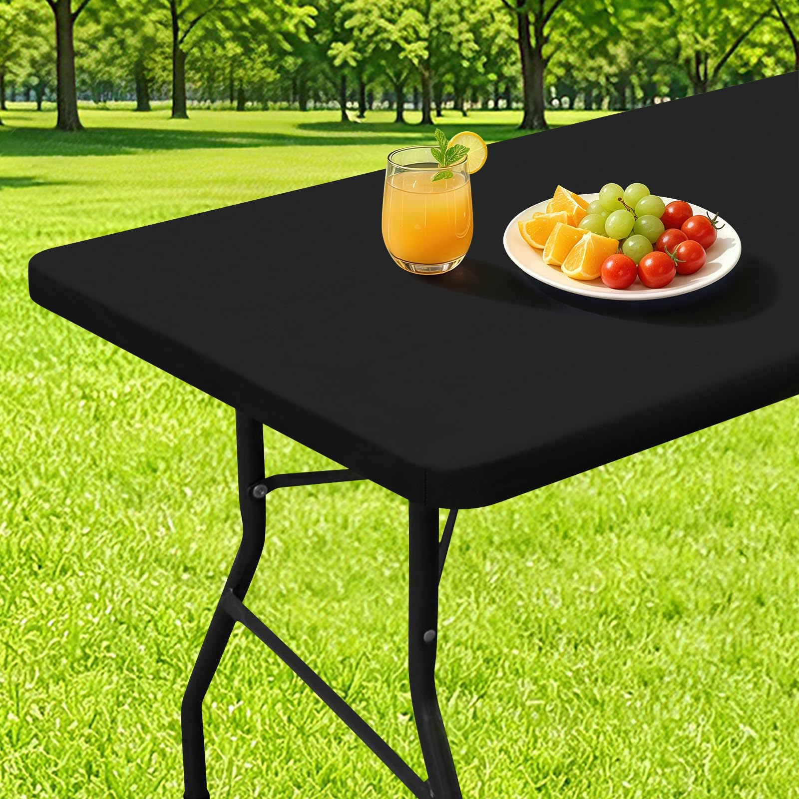Photo 1 of Smiry Rectangle Table Cloth, Waterproof Elastic Fitted Tablecloths for 6 Foot Tables, Washable Polyester Table Cover for Picnic, Camping, Outdoor (Black, 30"x72")