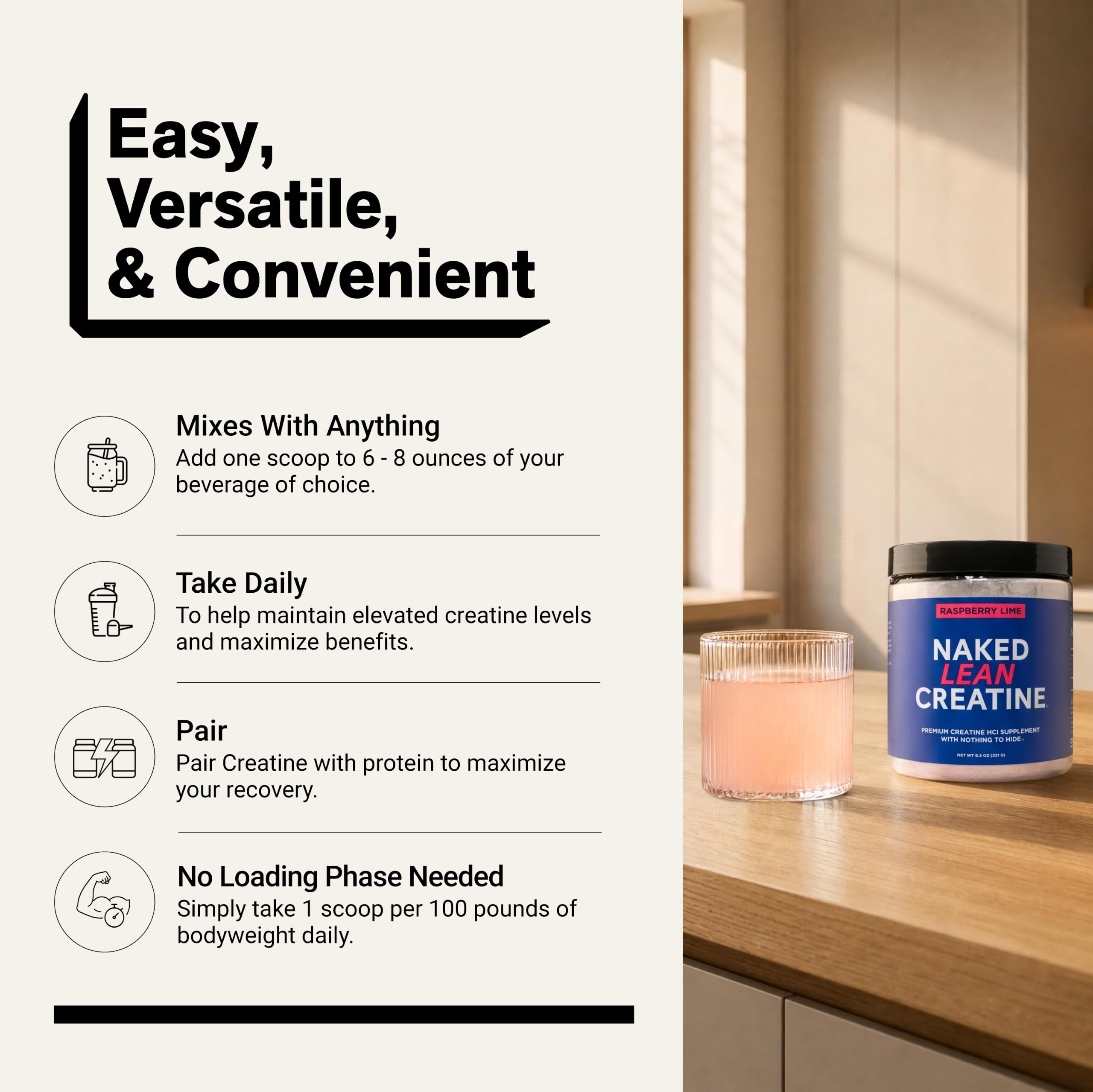 NAKED Lean Creatine HCl Powder - Raspberry Lime, Vegan, Non-GMO, Gluten-Free, No Fillers, Supports Muscle Growth & Strength - 68 Servings — Amazon image 6