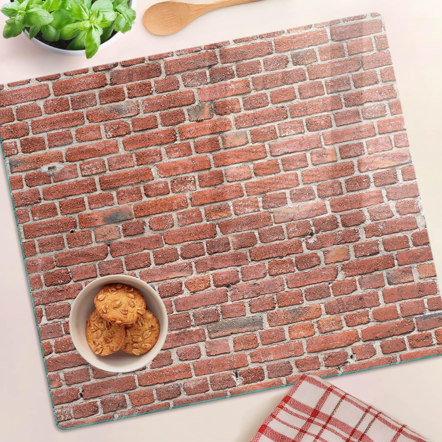 Tagliere in Vetro Protezione 60x52 cm Resistente al Calore Facile da Pulire da Cucina con Stampe con Piedini Antiscivolo Antigraffio Durevole e Igienico Rettangolare - Effetto muro di mattoni